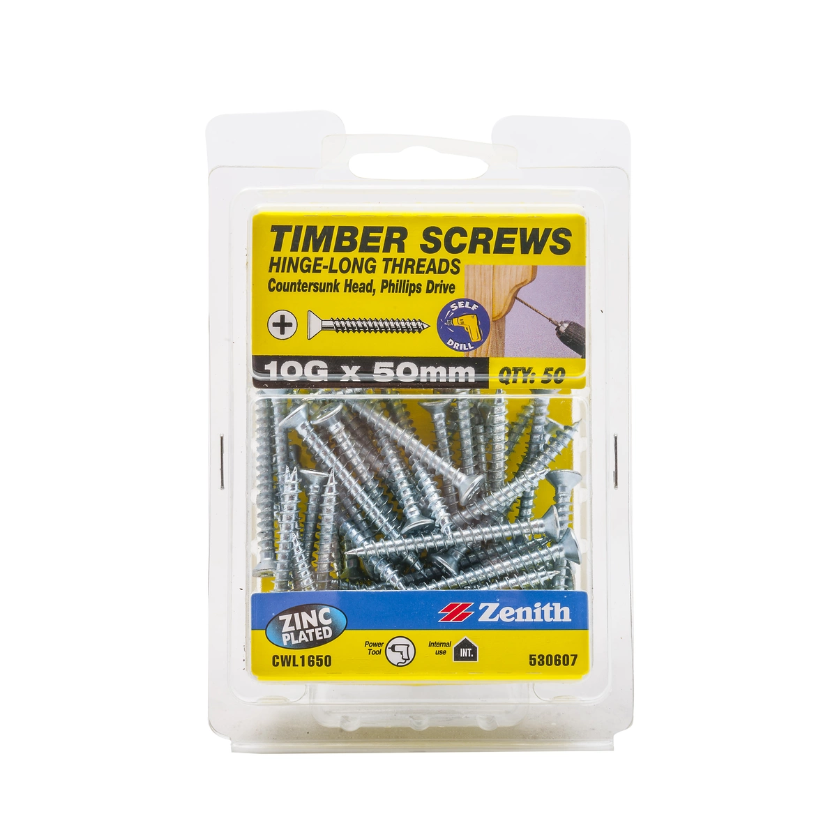 ZENITH® 10G x 50mm Zinc Plated, Phillips Drive, Timber Screws – Internal Use – 50 Pack