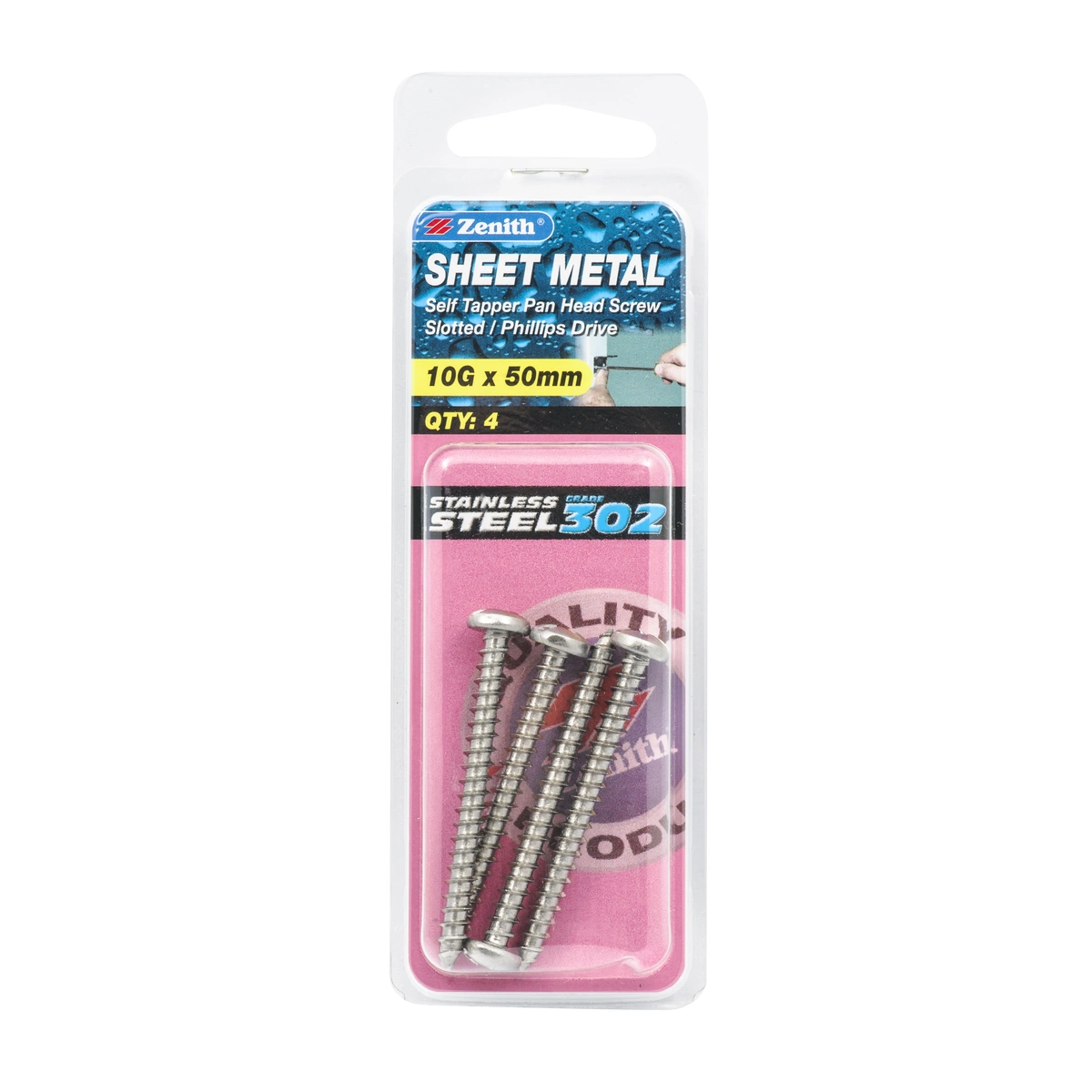 ZENITH® 10G x 50mm 304 Stainless Steel, Self Tapping, Combination Drive, Sheet Metal Screws – External Use – 4 Pack