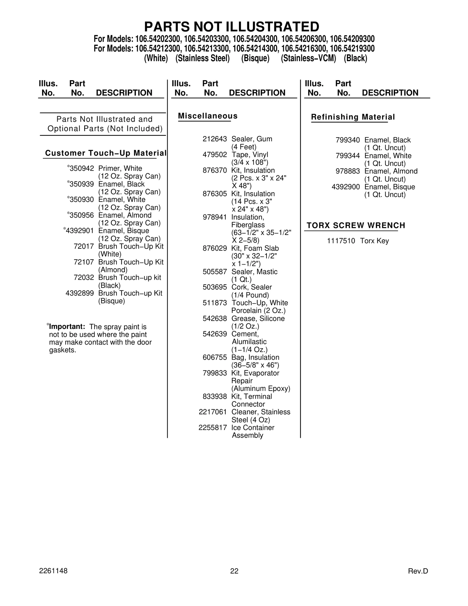 Optional Parts (Not Included)