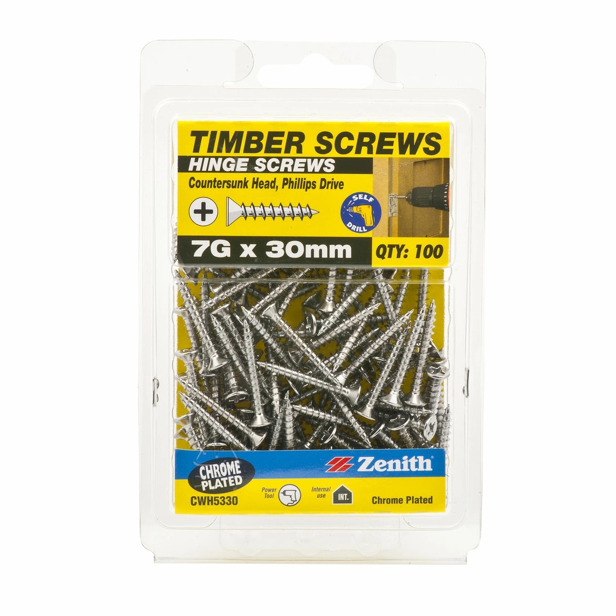ZENITH® 7G x 30mm Chrome Plated, Phillips Drive, Hinge Screws – Internal Use – 100 Pack