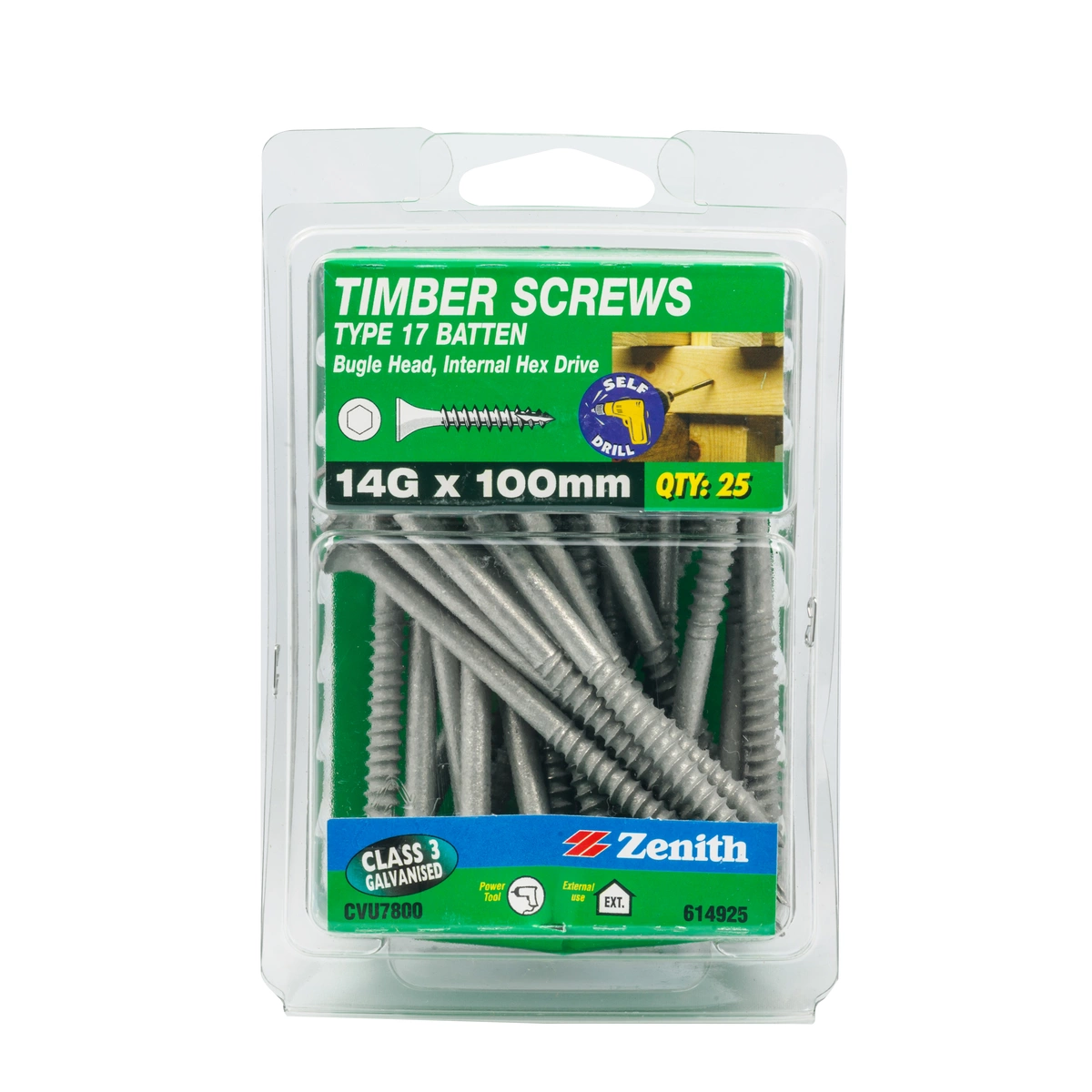 ZENITH® 14G x 100mm Class 3 Galvanised, Self Drilling, Internal Hex Drive, Bugle Batten Screws – External Use – 25 Pack