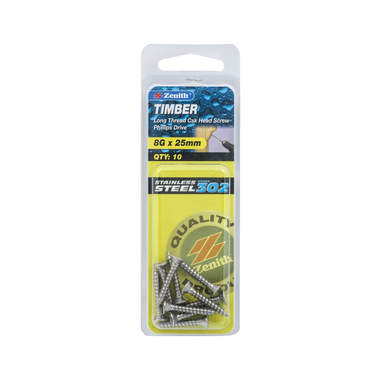 ZENITH® 8G x 25mm 304 Stainless Steel, Phillips Drive, Timber Screws – External Use – 10 Pack