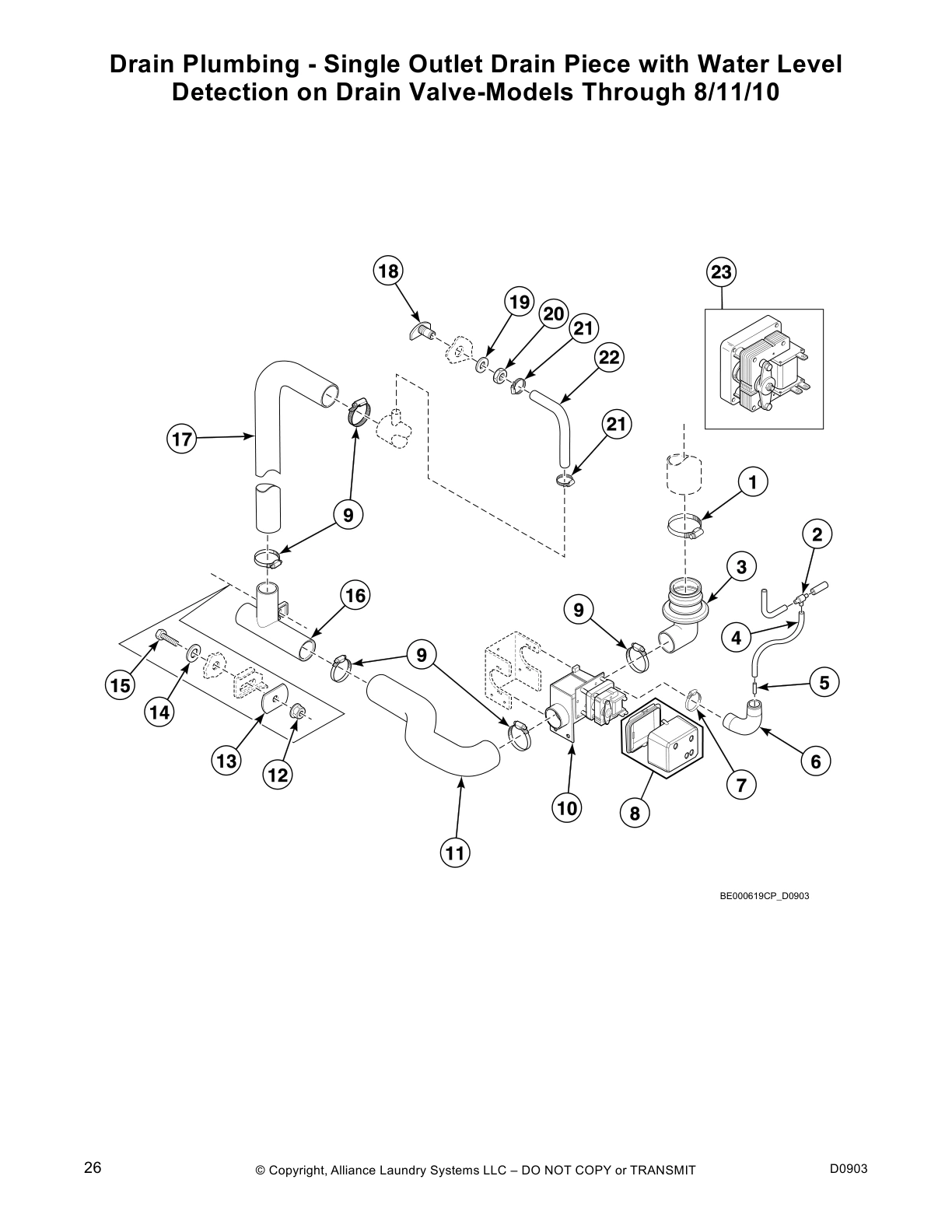 Drain Plumbing - Single Outlet Drain Piece with Water Level
Detection on Drain Valve-Models Through 8/11/10