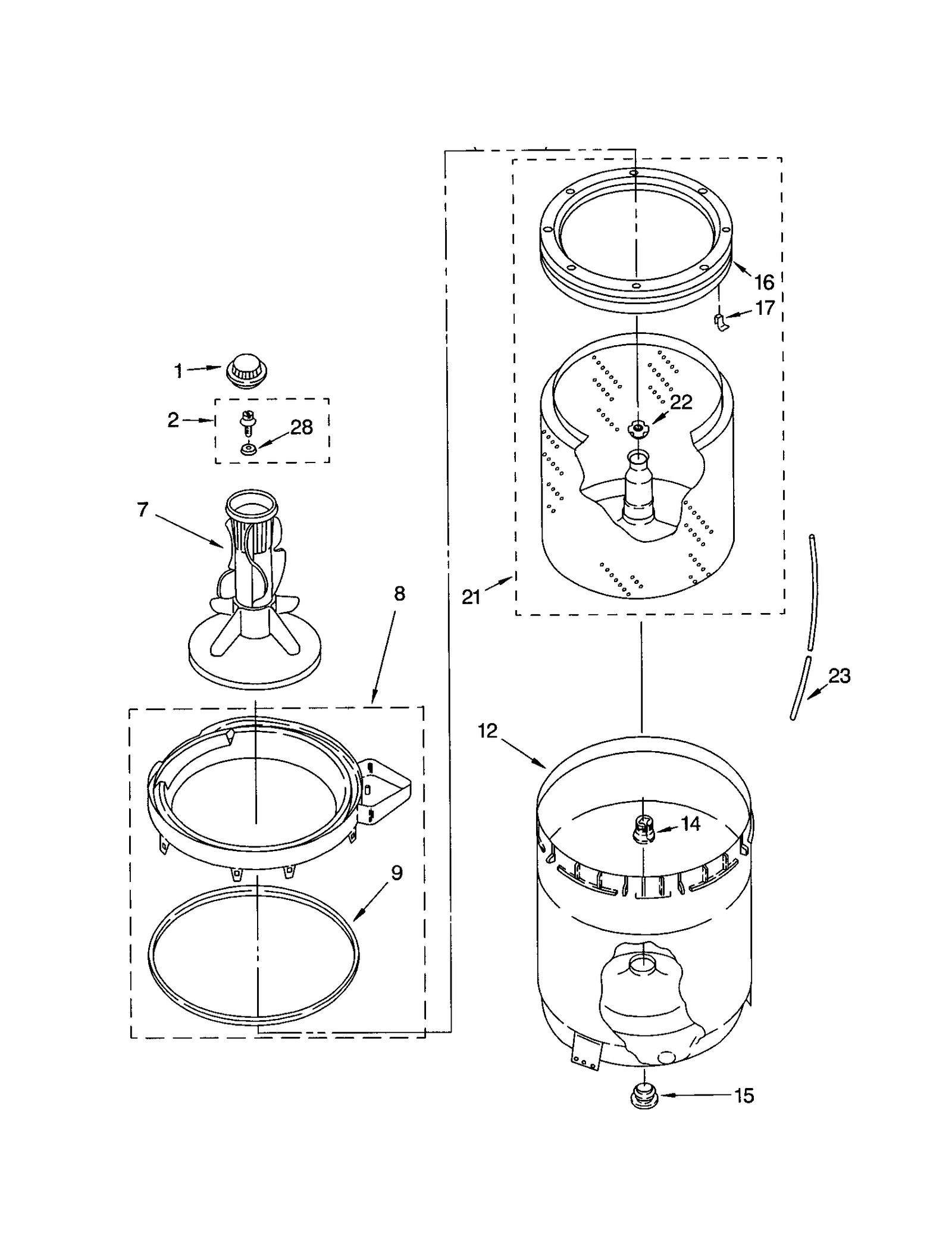 AGITATOR, BASKET AND TUB