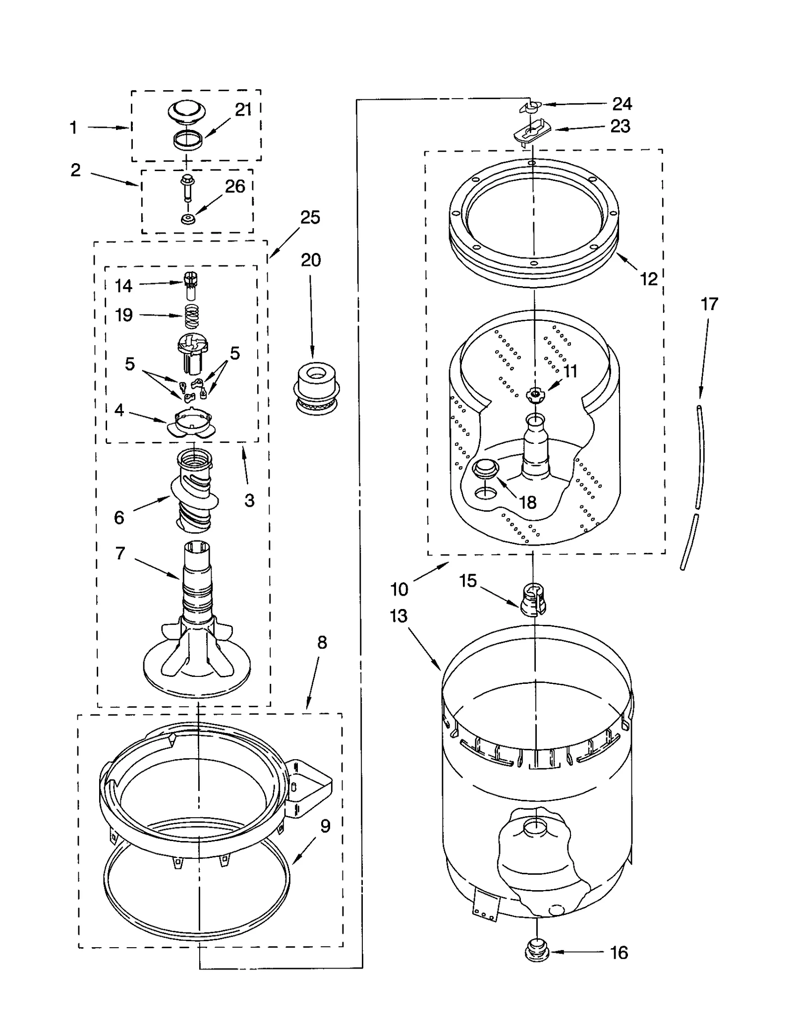 AGITATOR, BASKET AND TUB