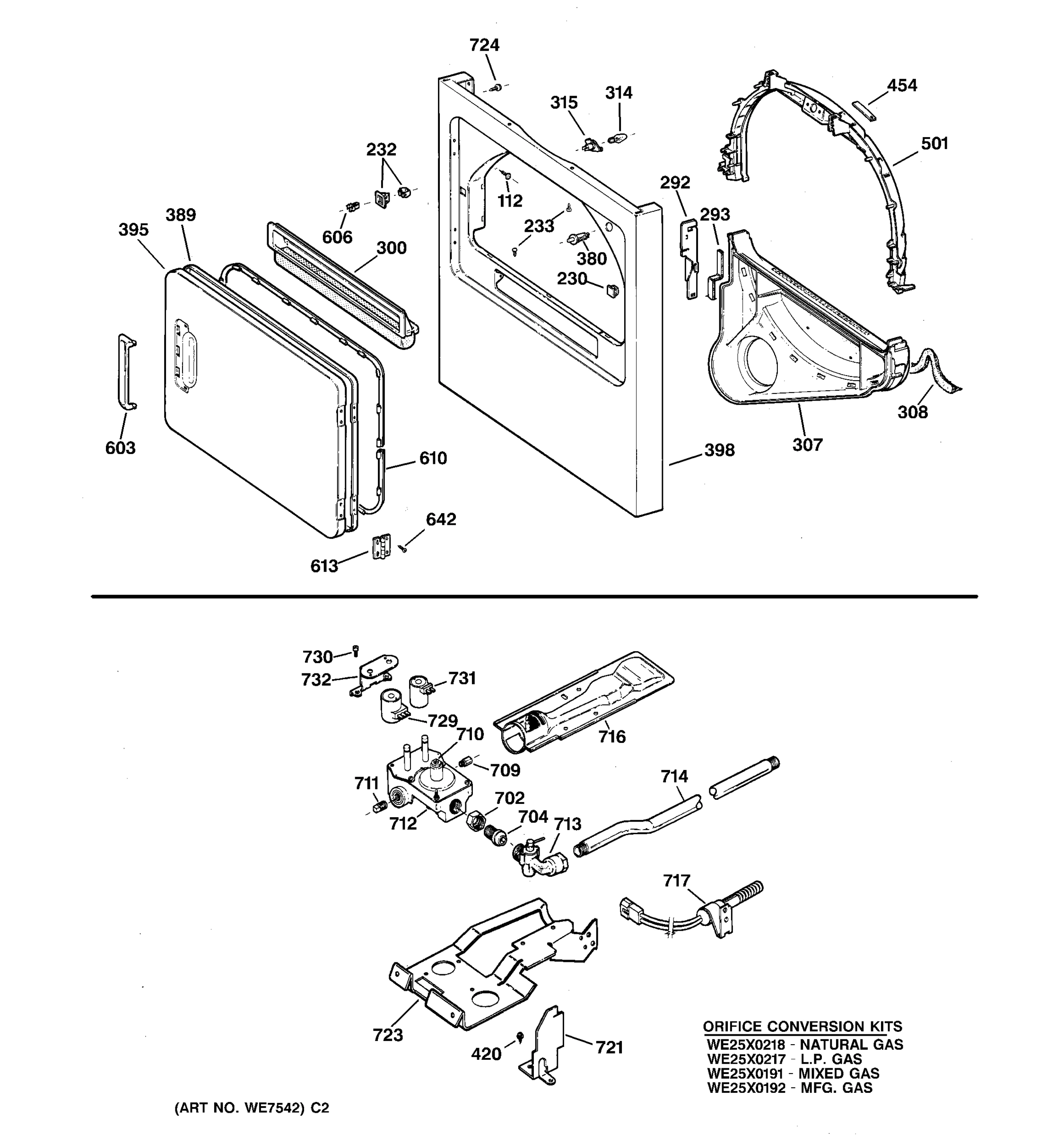 FRONT PANEL, DOOR, GAS VALVE & BURNER ASSEMBLY