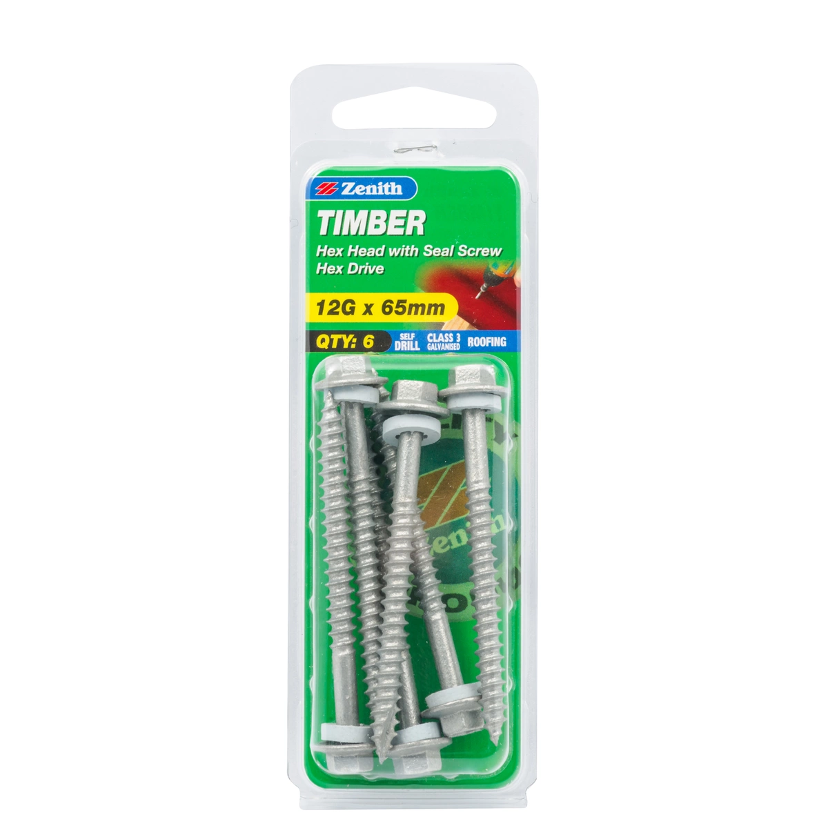 ZENITH® 12G x 65mm Class 3 Galvanised, External Hex Drive, Hex Head, Cladding & Roofing Screws with Seal – External Use – 6 Pack