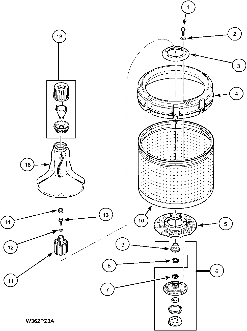 01 - AGITATOR, DRIVE BELL AND WASH TUB