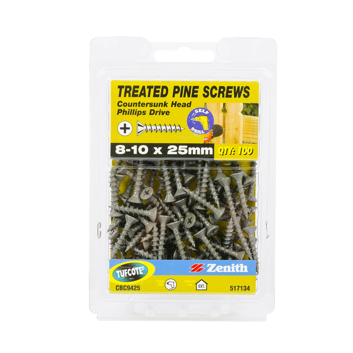 ZENITH® 8G x 25mm TUFCOTE®, Phillips Drive, Treated Pine Screws – External Use – 100 Pack