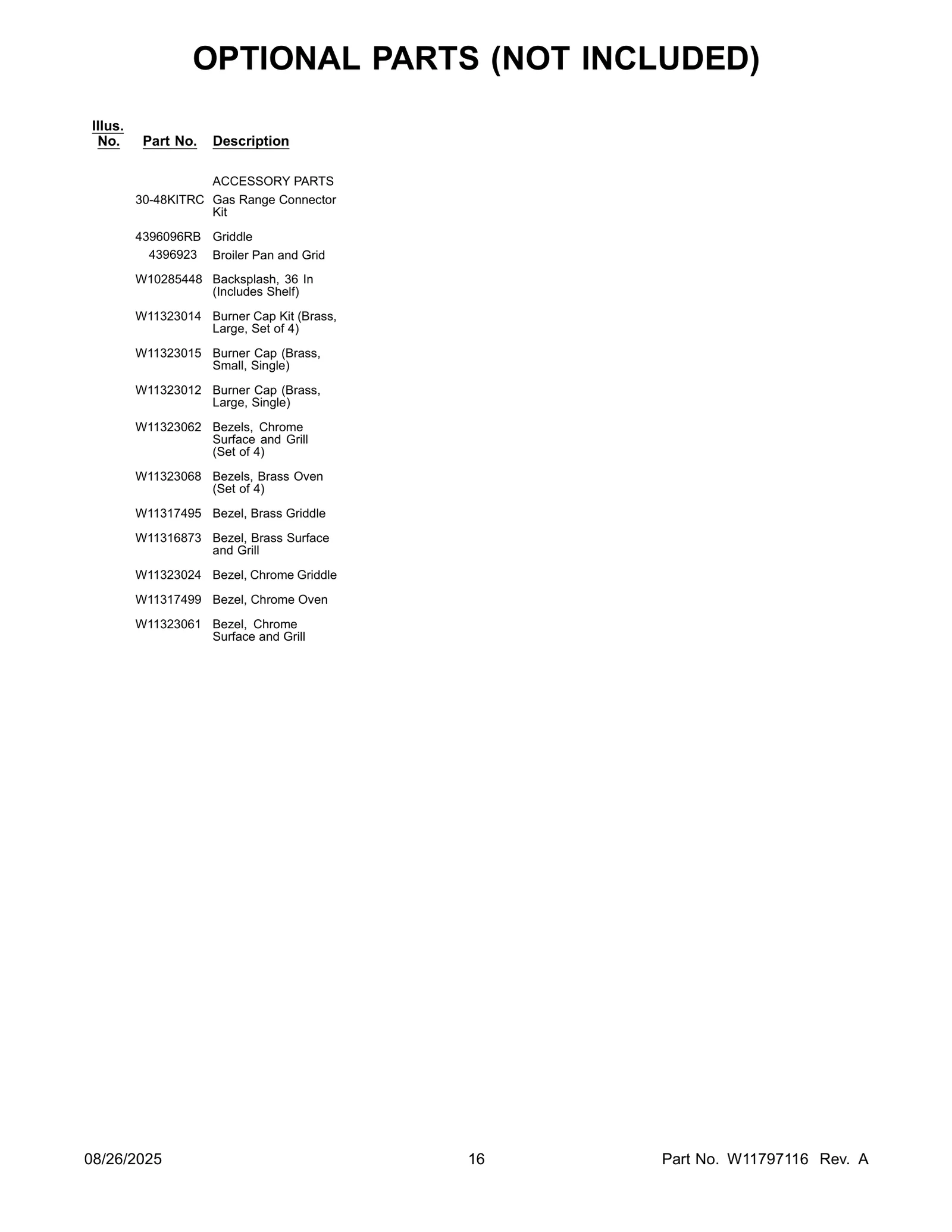 OPTIONAL PARTS (NOT INCLUDED)