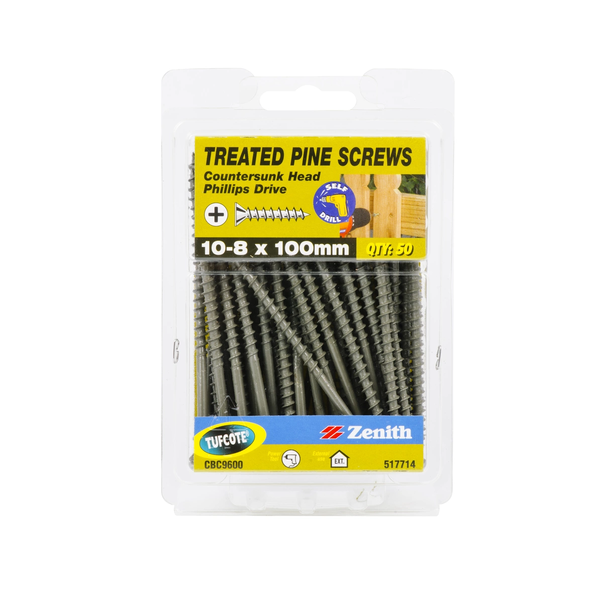 ZENITH® 10G x 100mm TUFCOTE®, Phillips Drive, Treated Pine Screws – External Use – 50 Pack