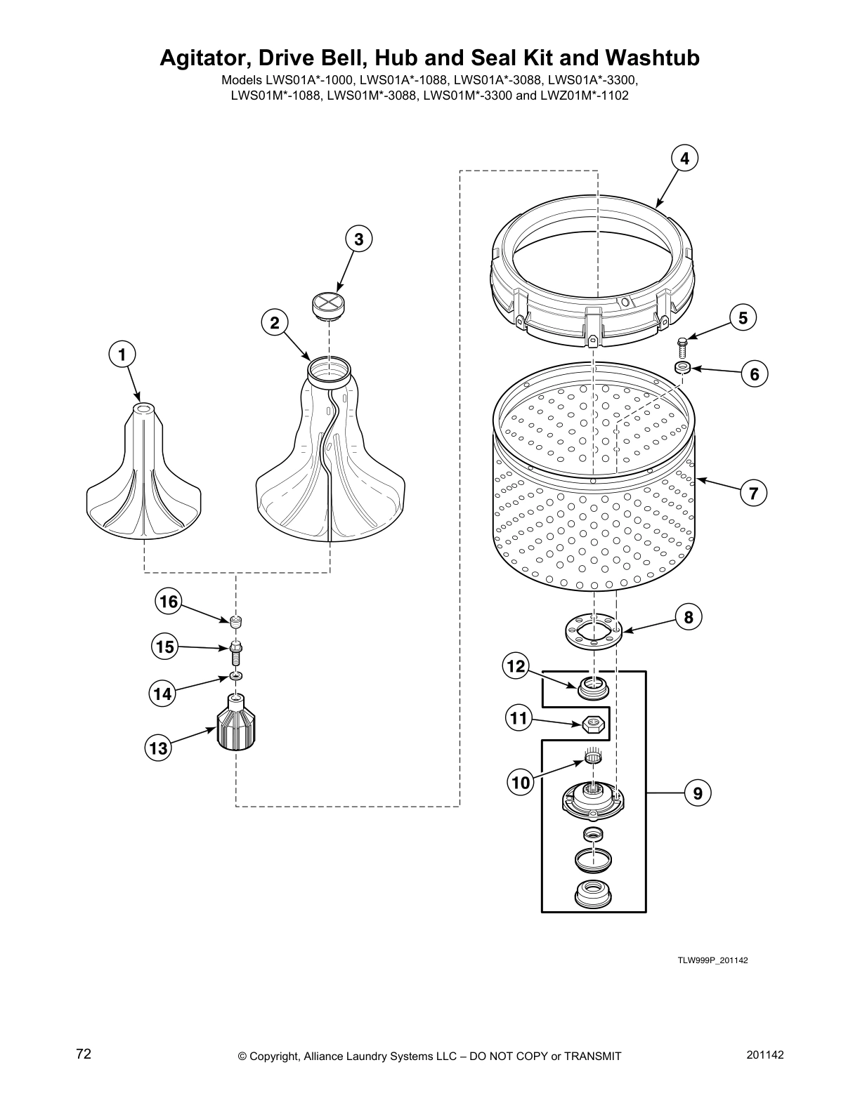 Agitator, Drive Bell, Hub and Seal Kit and Washtub