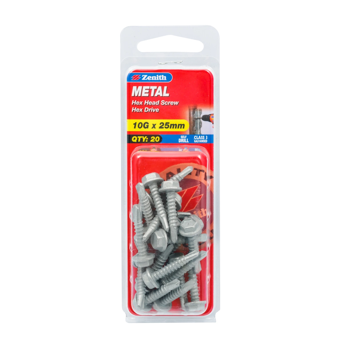 ZENITH® 10G x 25mm Class 3 Galvanised, Self Drilling, External Hex Drive, Metal Screws – External Use – 20 Pack
