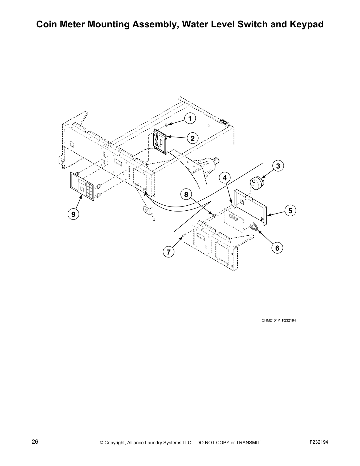 Coin Meter Mounting Assembly, Water Level Switch and Keypad