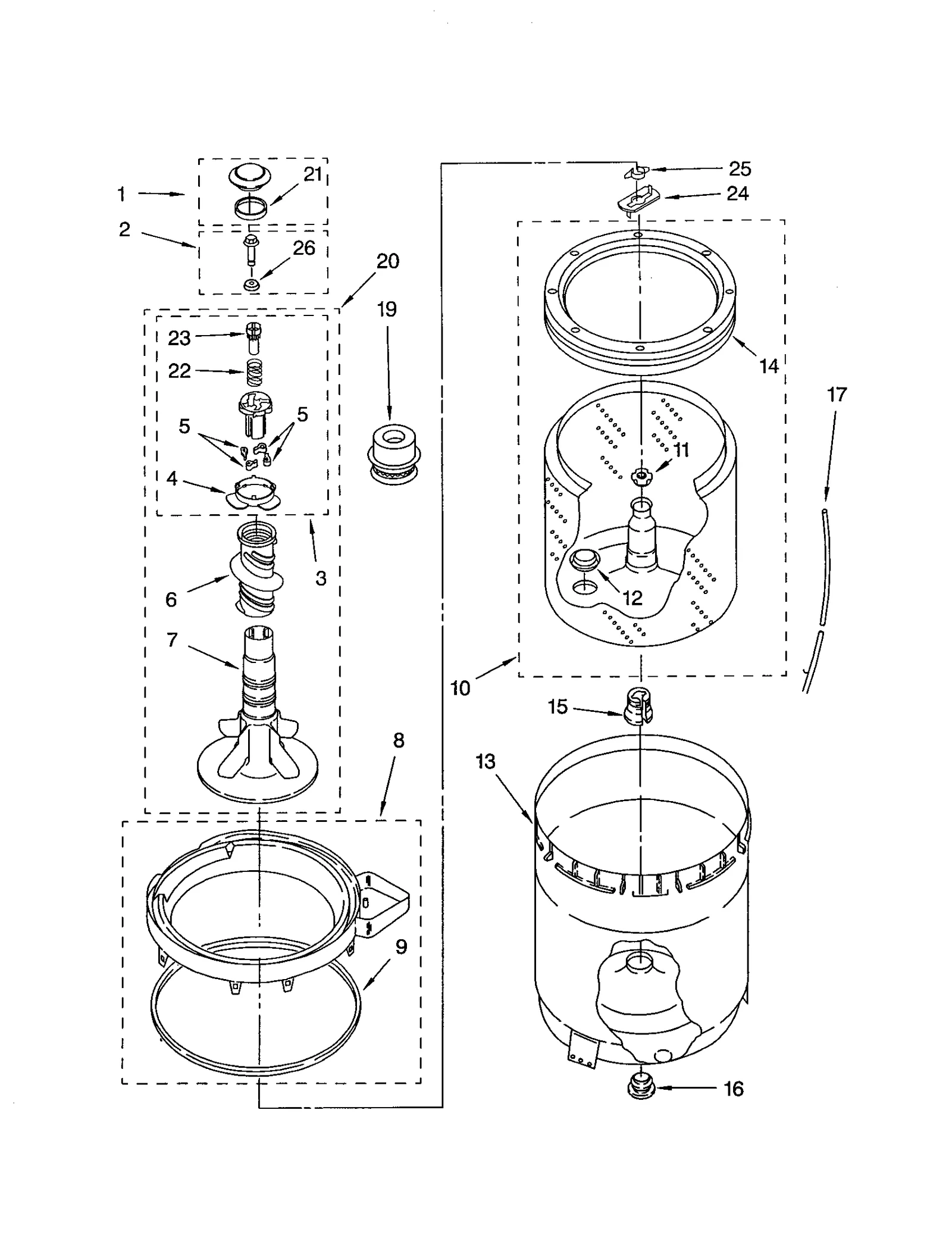 AGITATOR, BASKET AND TUB