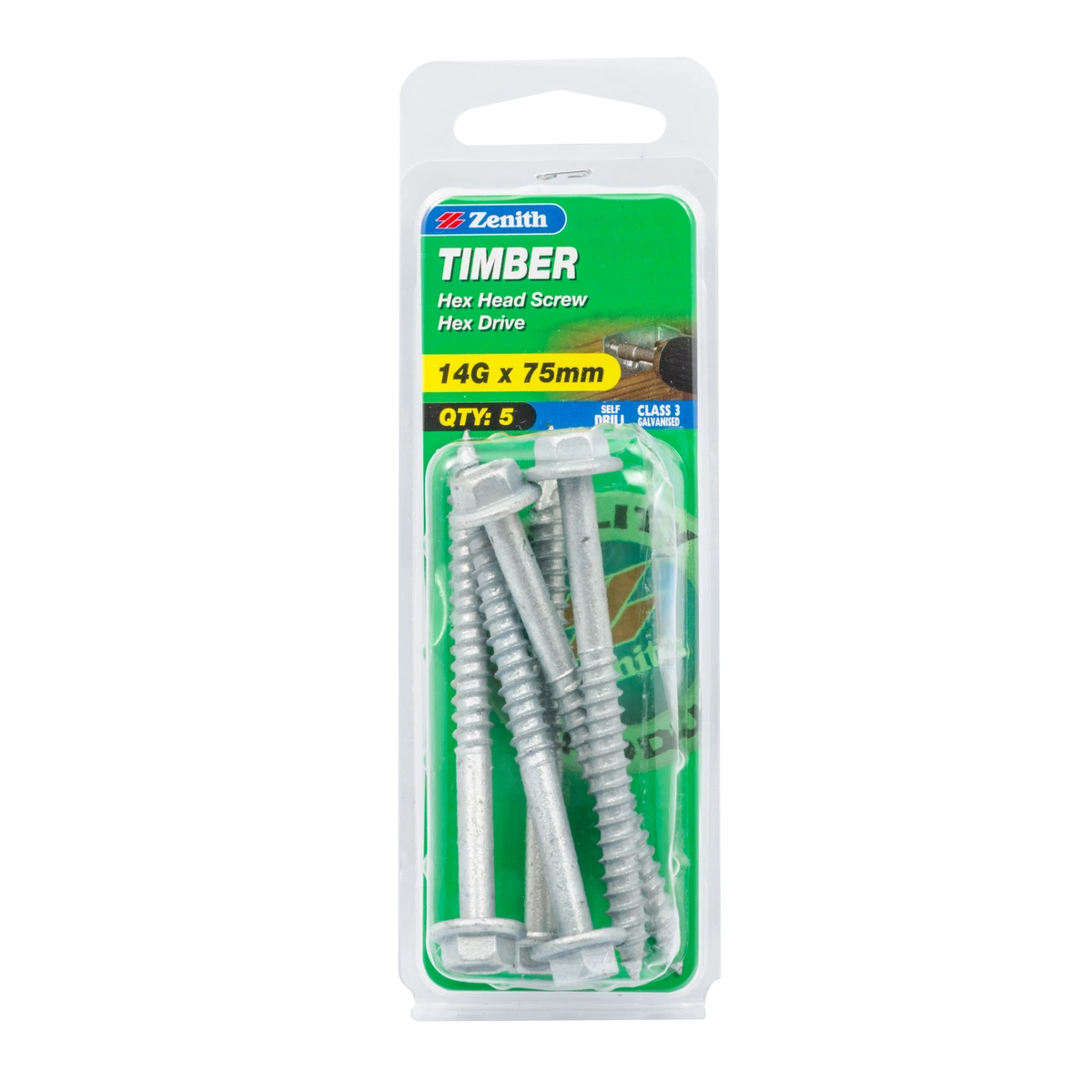 ZENITH® 14G x 75mm Class 3 Galvanised, External Hex Drive, Timber Screws – External Use – 5 Pack