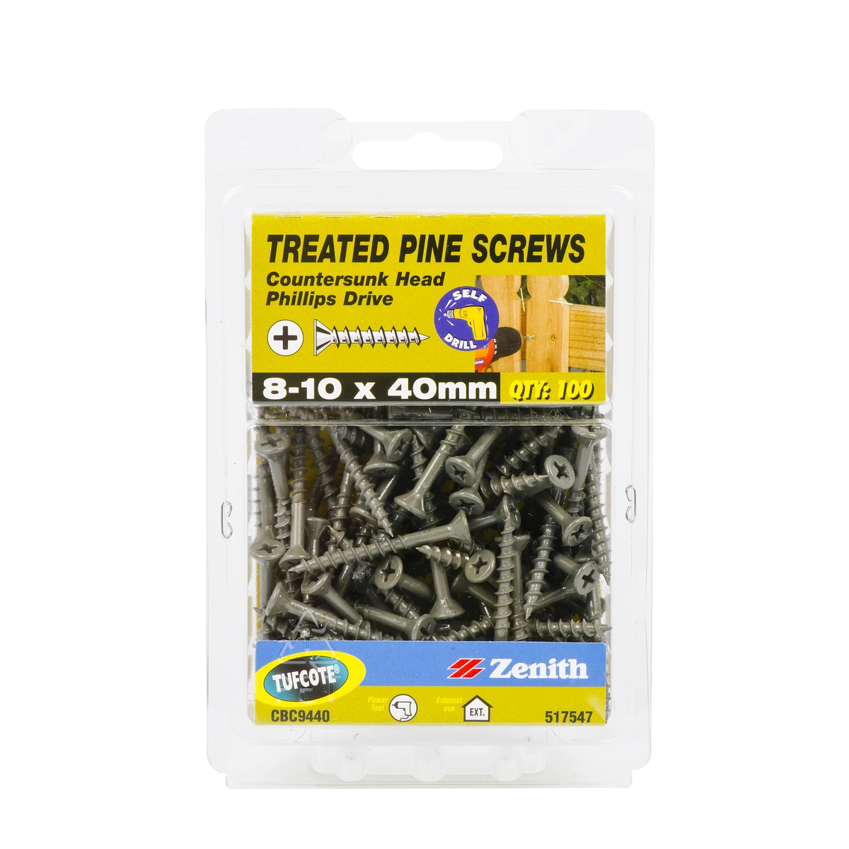 ZENITH® 8G x 40mm TUFCOTE®, Phillips Drive, Treated Pine Screws – External Use – 100 Pack