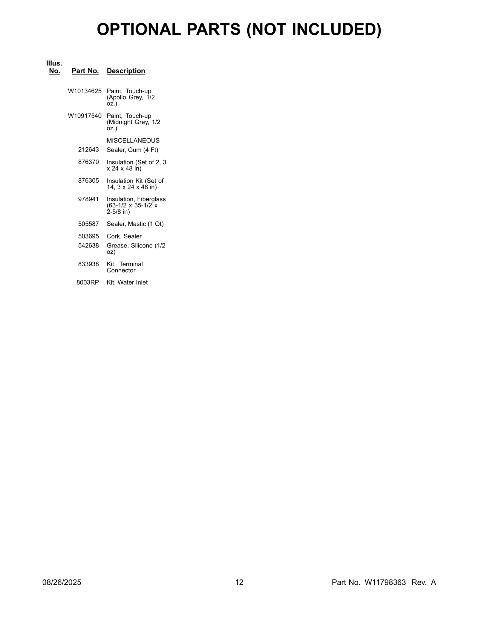 OPTIONAL PARTS (NOT INCLUDED)