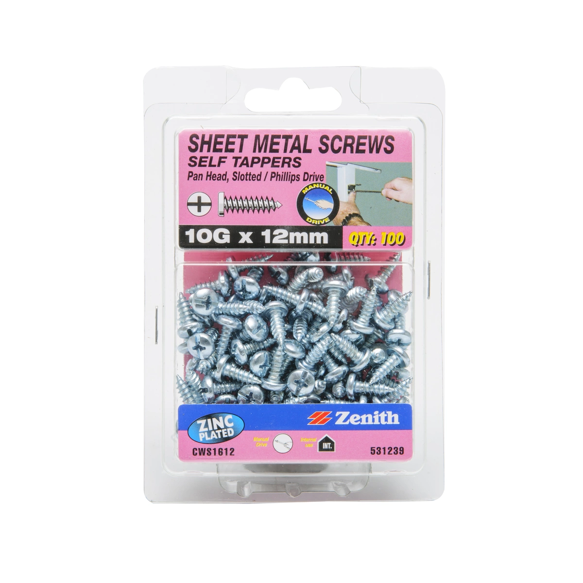 ZENITH® 10G x 12mm Zinc Plated, Self Tapping, Combination Drive, Sheet Metal Screws – Internal Use – 100 Pack