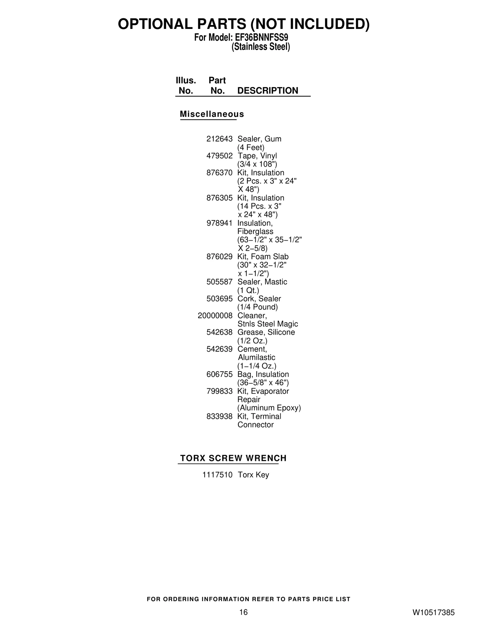 OPTIONAL PARTS (NOT INCLUDED)