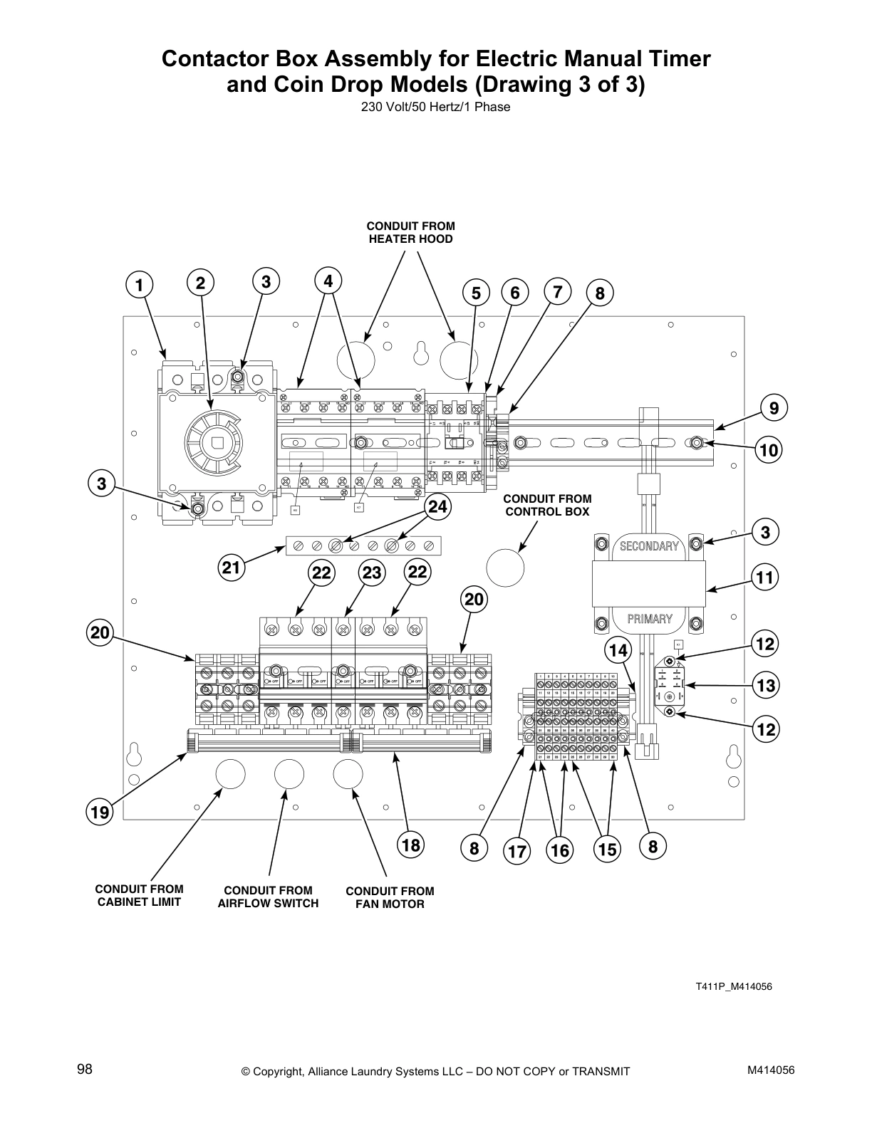 Contactor Box Assembly for Electric Manual Timer 
and Coin Drop Models (Drawing 3 of 3)