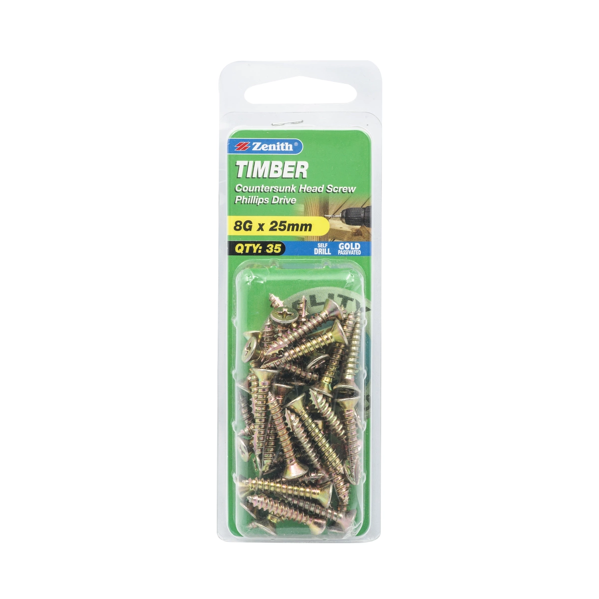 ZENITH® 8G x 25mm Gold Passivated, Phillips Drive, Timber Screws – Internal Use – 35 Pack