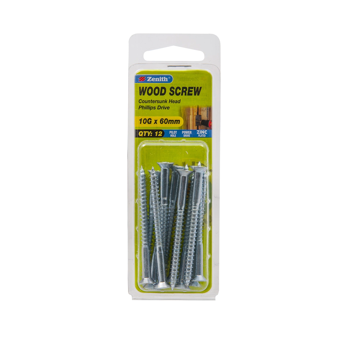 ZENITH® 10G x 60mm Zinc Plated, Phillips Drive, Wood Screws – Internal Use – 12 Pack