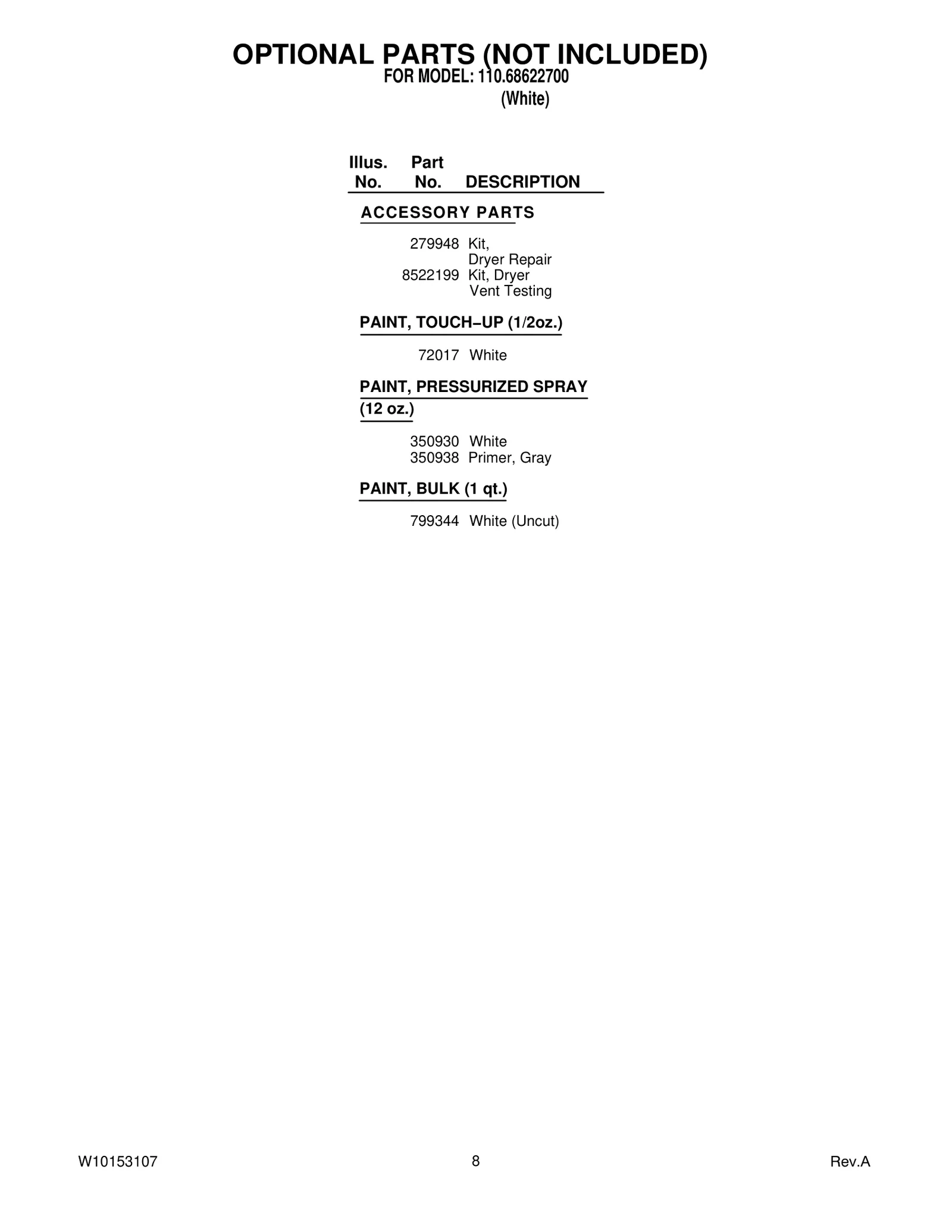 OPTIONAL PARTS (NOT INCLUDED)