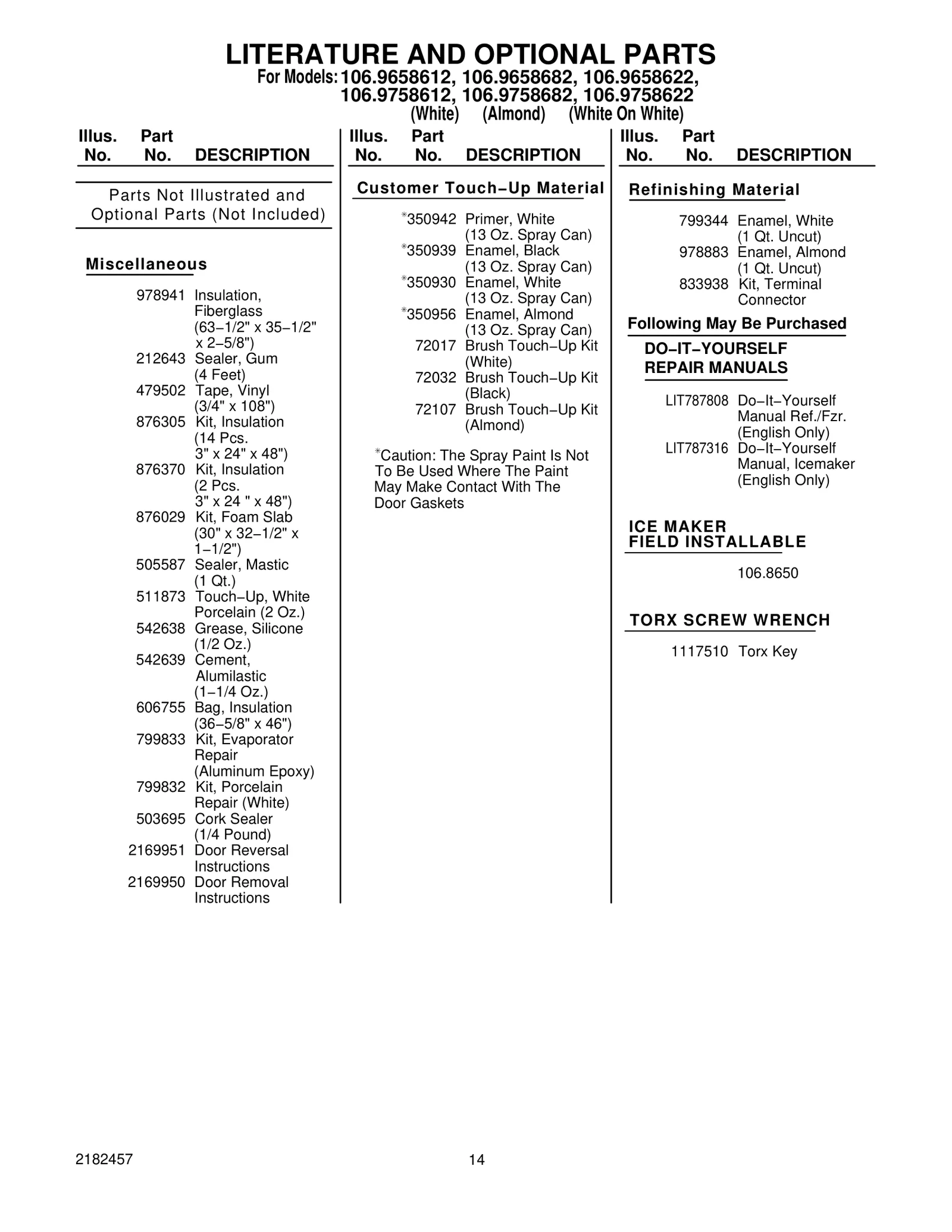 LITERATURE AND OPTIONAL PARTS