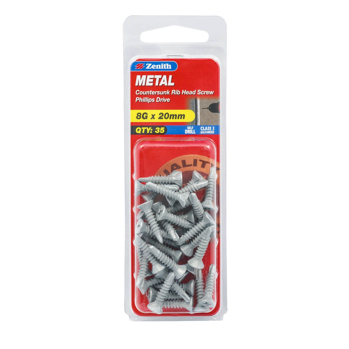 ZENITH® 8G x 20mm Class 3 Galvanised, Self Drilling, Phillips Drive, Metal Screws – External Use – 35 Pack