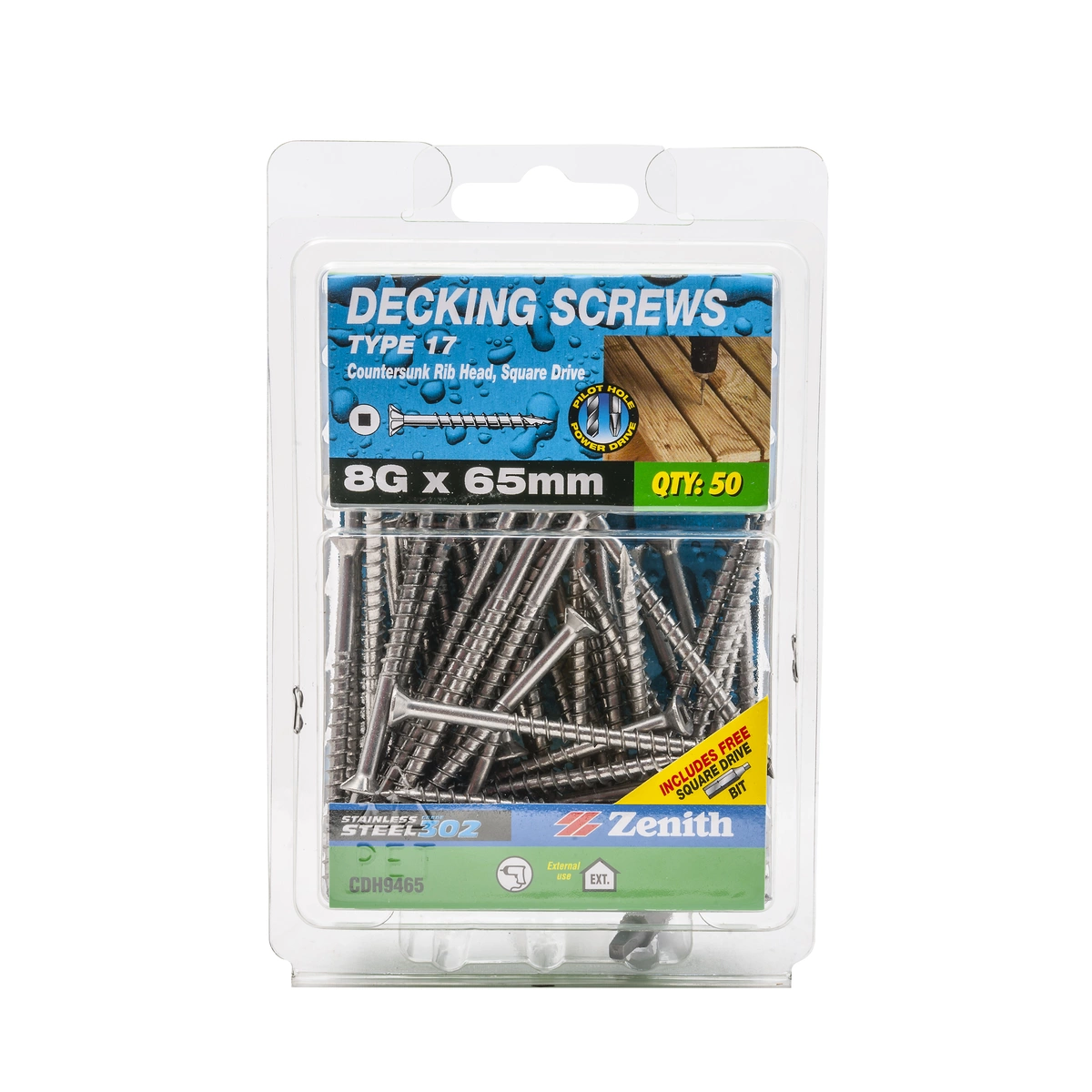 ZENITH® 8G x 65mm 304 Stainless Steel, Square Drive, Decking Screws – External Use – 50 Pack