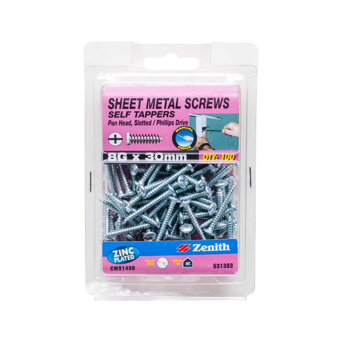 ZENITH® 8G x 30mm Zinc Plated, Self Tapping, Combination Drive, Sheet Metal Screws – Internal Use – 100 Pack