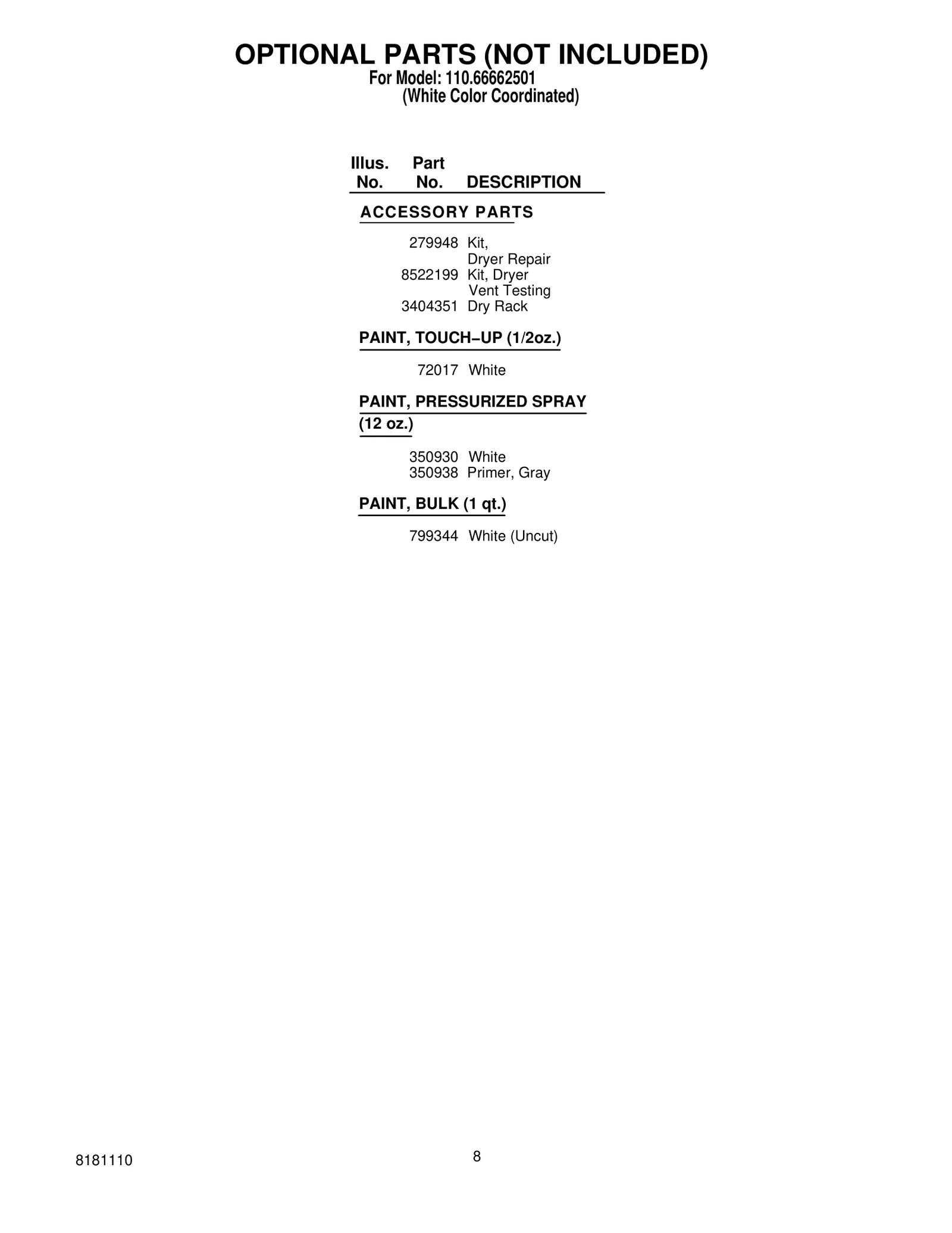 OPTIONAL PARTS (NOT INCLUDED)