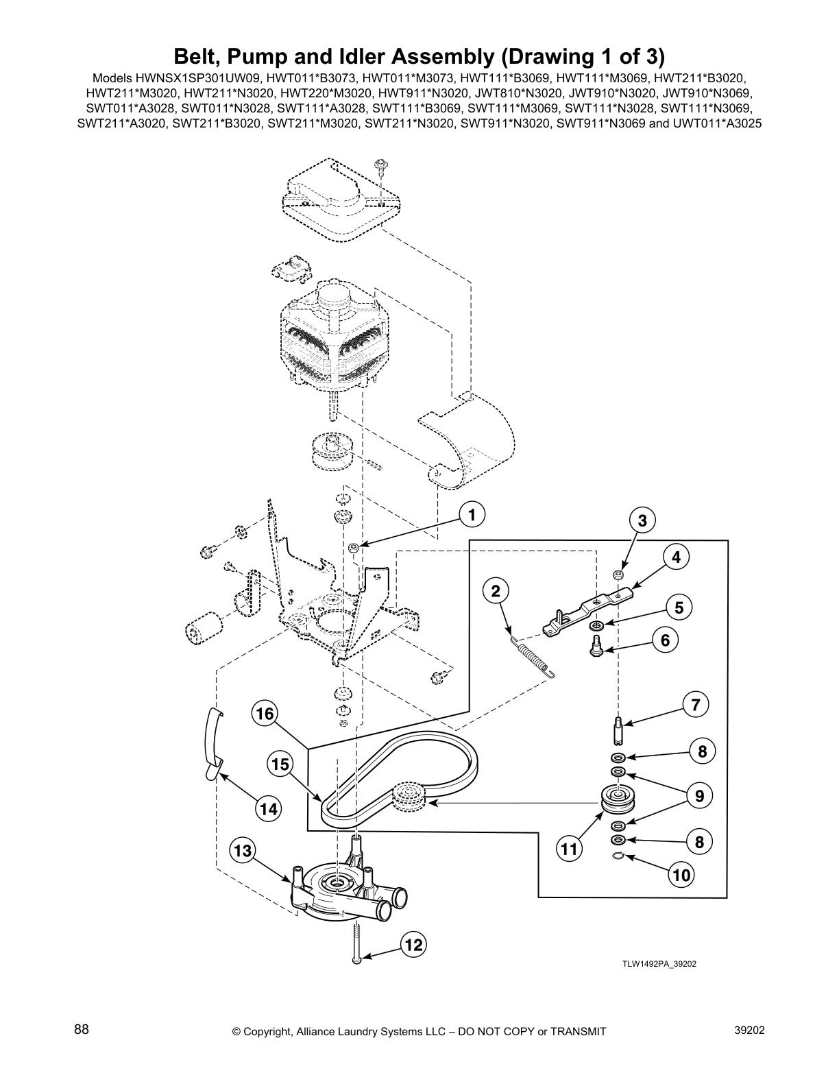 Belt, Pump and Idler Assembly (Drawing 1 of 3)