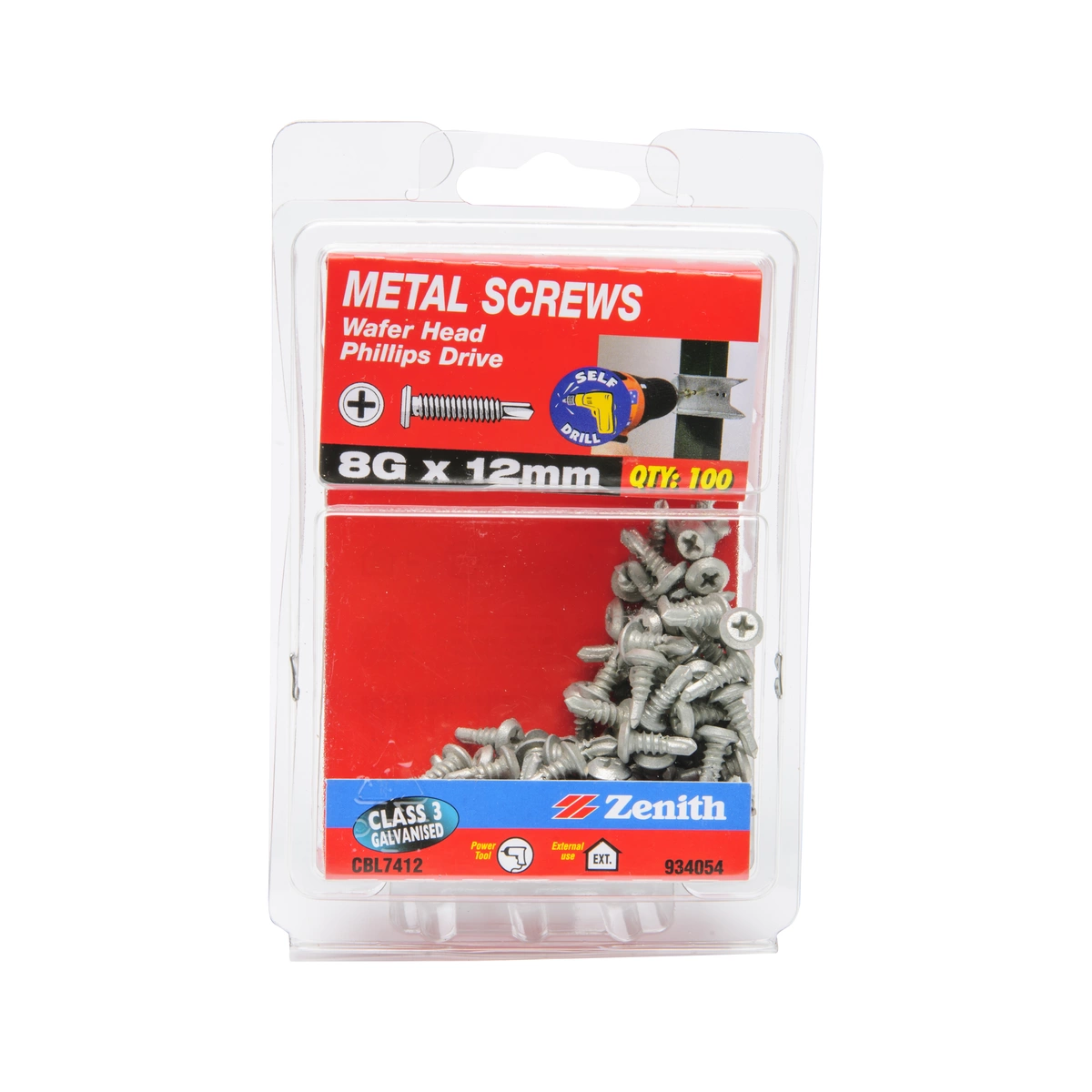 ZENITH® 8G x 12mm Class 3 Galvanised, Self Drilling, Phillips Drive, Metal Screws – External Use – 100 Pack
