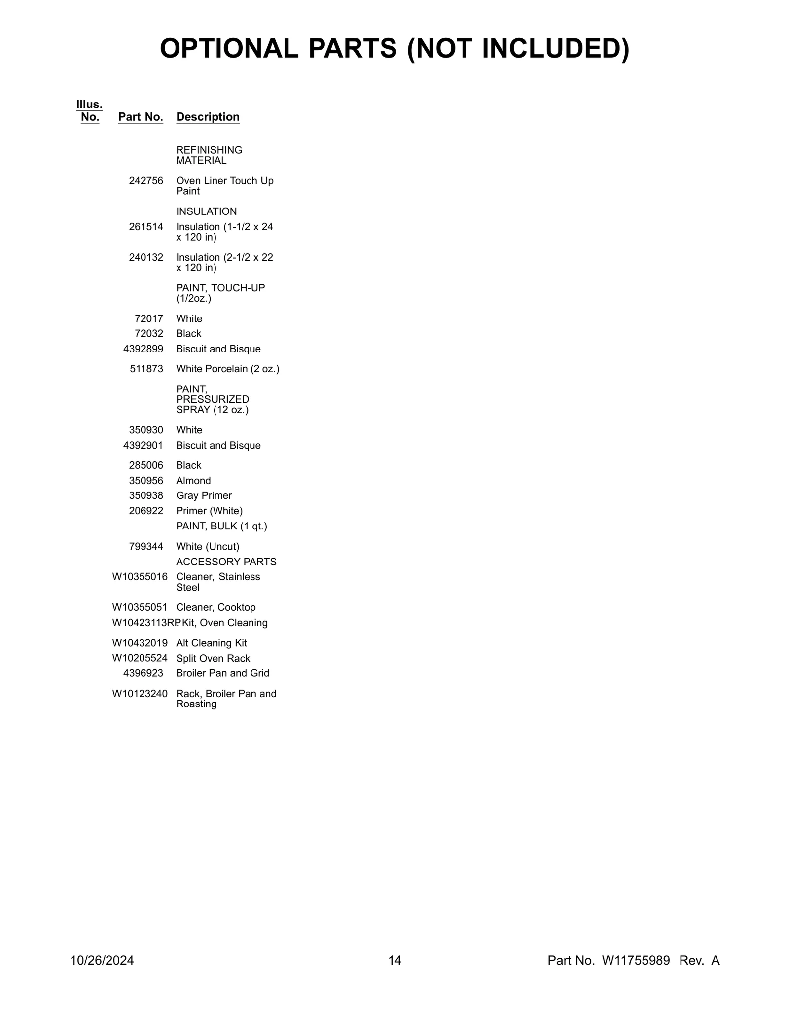 OPTIONAL PARTS (NOT INCLUDED)