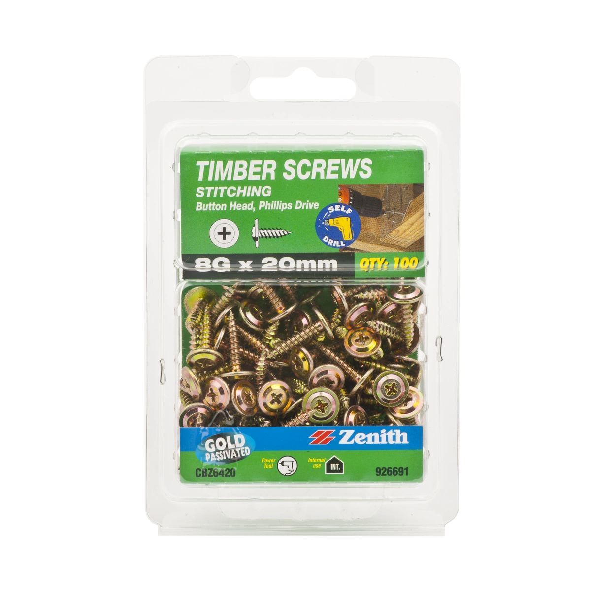 ZENITH® 8G x 20mm Gold Passivated, Phillips Drive, Stitching Screws – Internal Use – 100 Pack