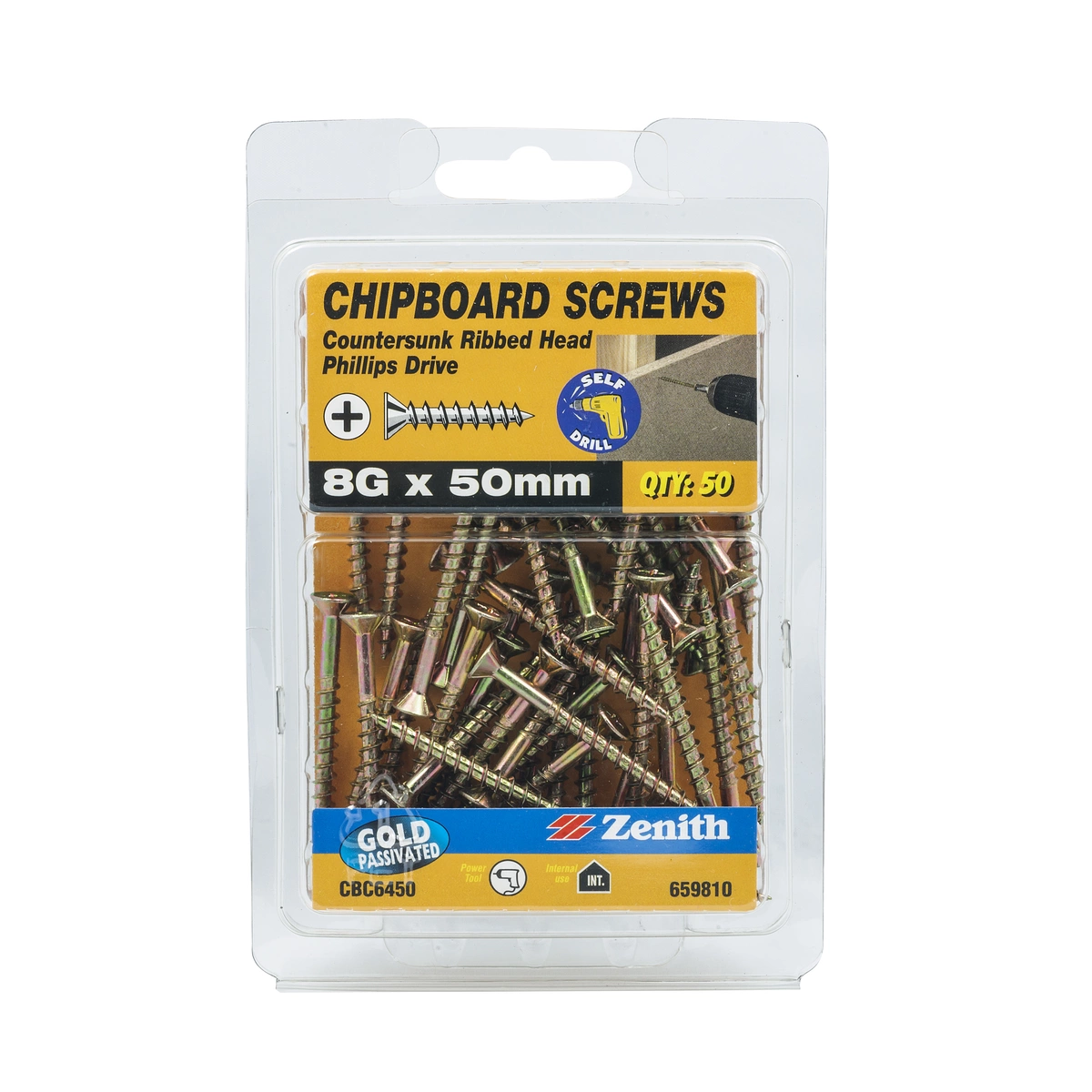 ZENITH® 8G x 50mm Gold Passivated, Phillips Drive, Chipboard Screws – Internal Use – 50 Pack