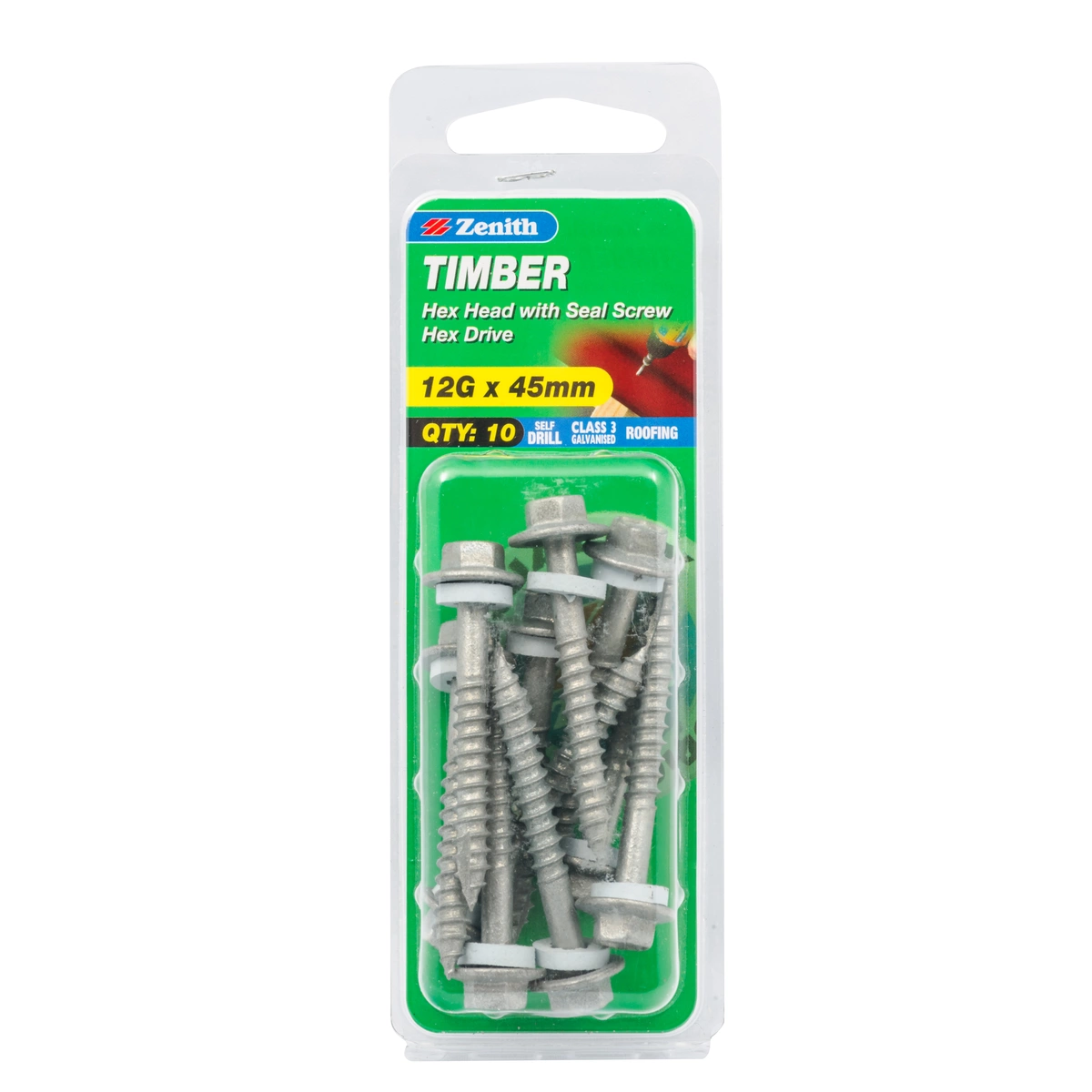 ZENITH® 12G x 45mm Class 3 Galvanised, External Hex Drive, Cladding & Roofing Screws with Seal – External Use – 10 Pack
