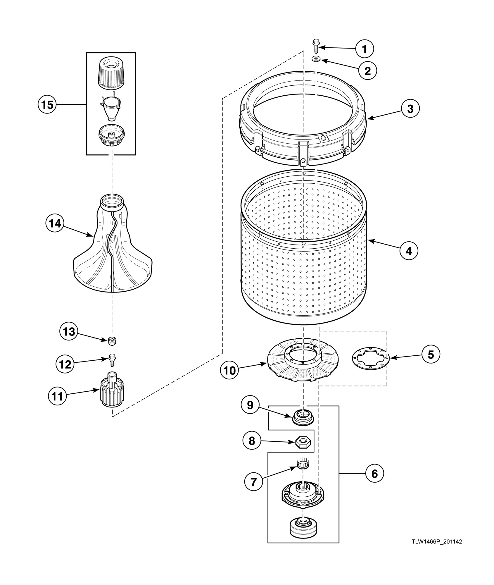 Agitator, Fabric Softener Dispenser, Drive Bell, Hub and Lip Seal Kit and Washtub (Drawing 1 of 2)