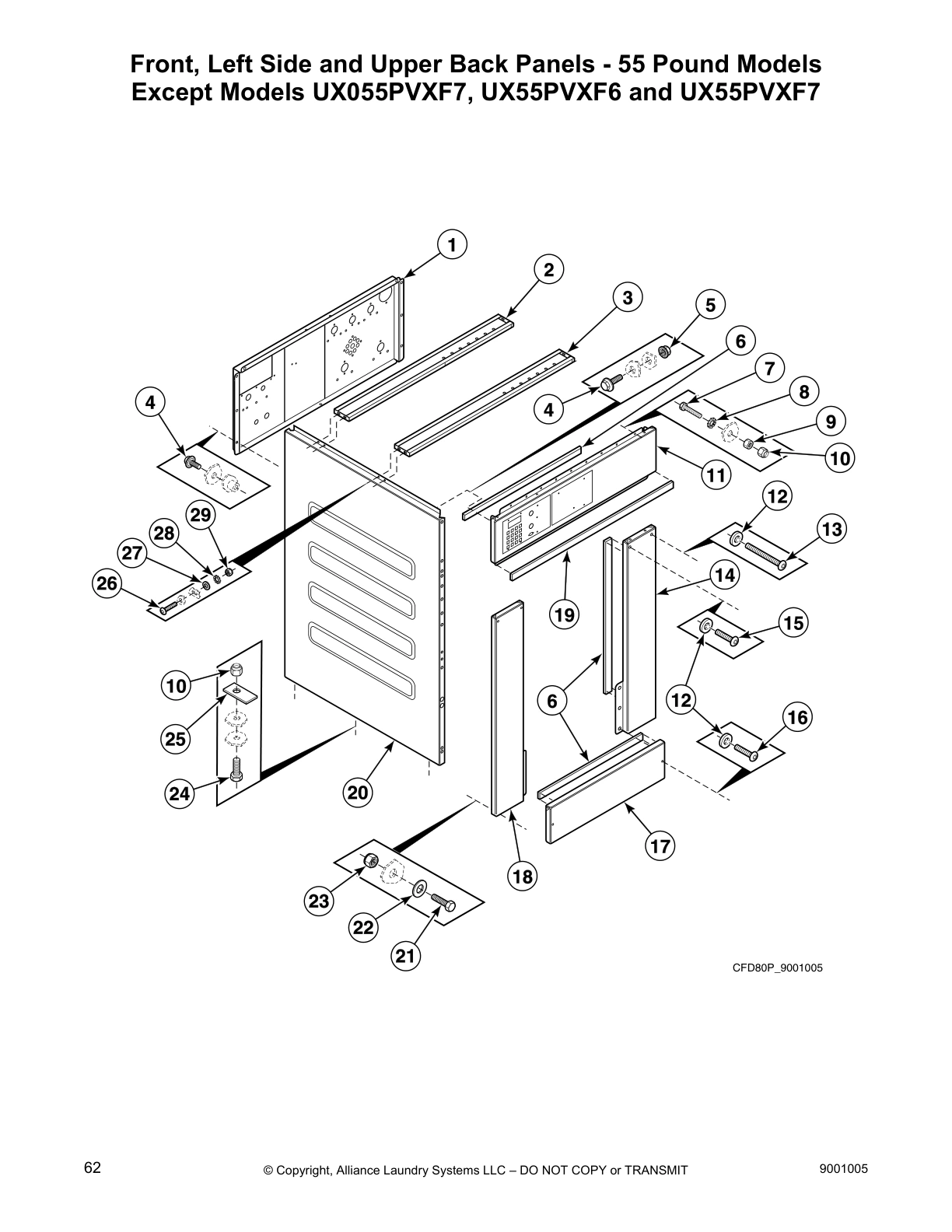Front, Left Side and Upper Back Panels - 55 Pound Models
Except Models UX055PVXF7, UX55PVXF6 and UX55PVXF7