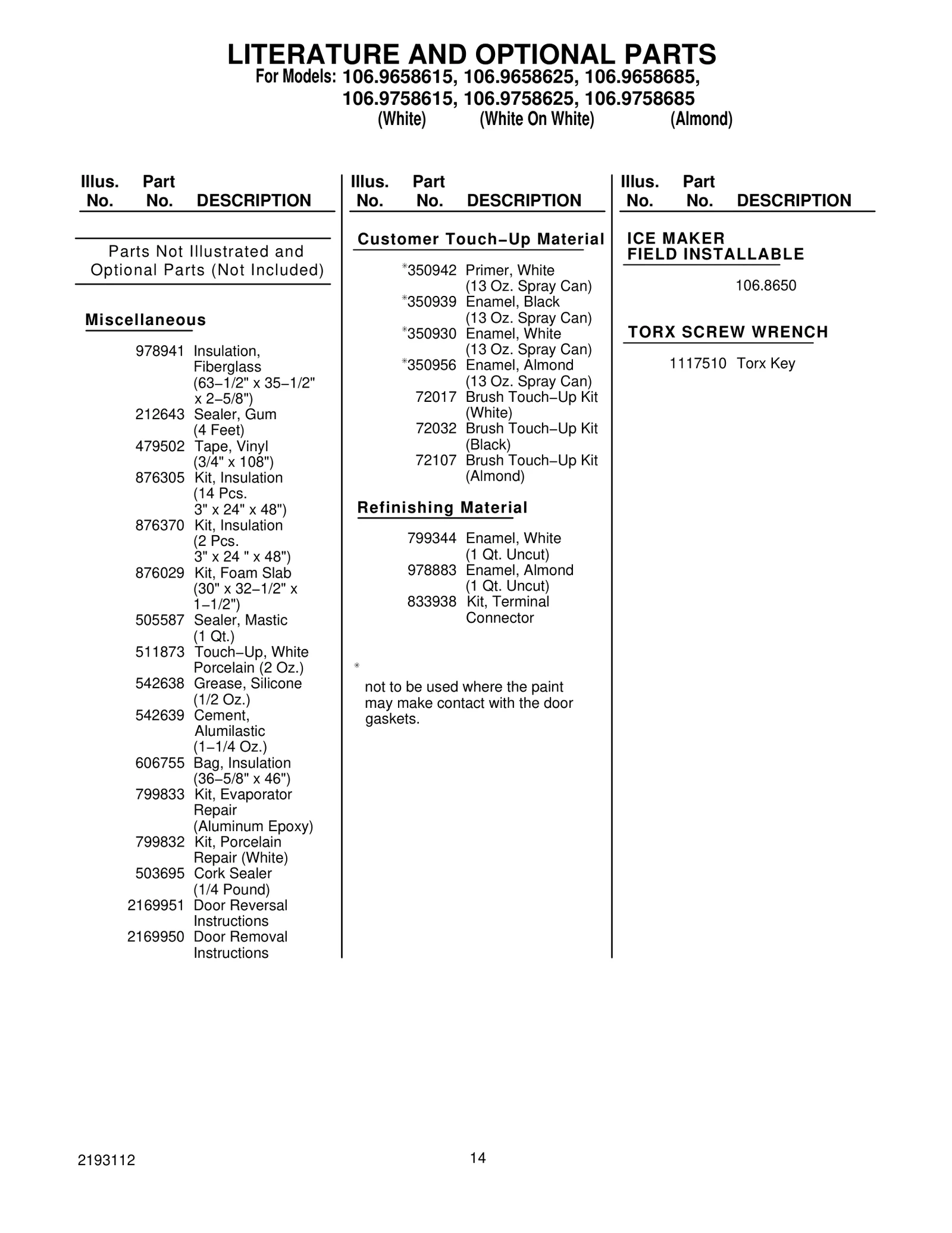 LITERATURE AND OPTIONAL PARTS