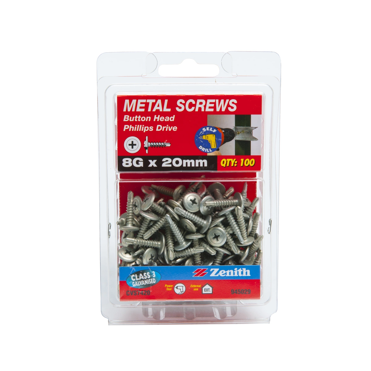 ZENITH® 8G x 20mm Class 3 Galvanised, Self Drilling, Phillips Drive, Button Head, Metal Screws – External Use – 100 Pack