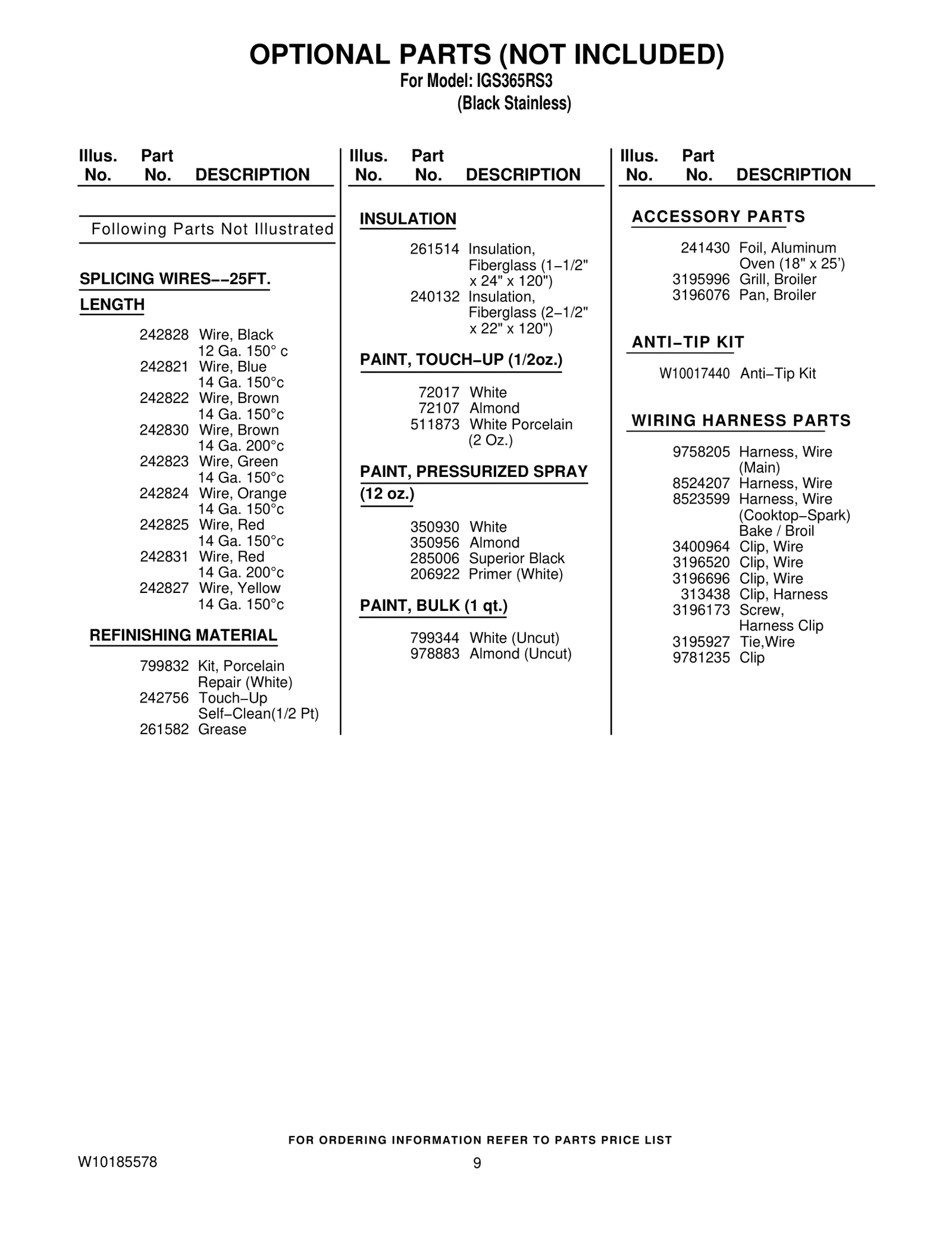 OPTIONAL PARTS (NOT INCLUDED)