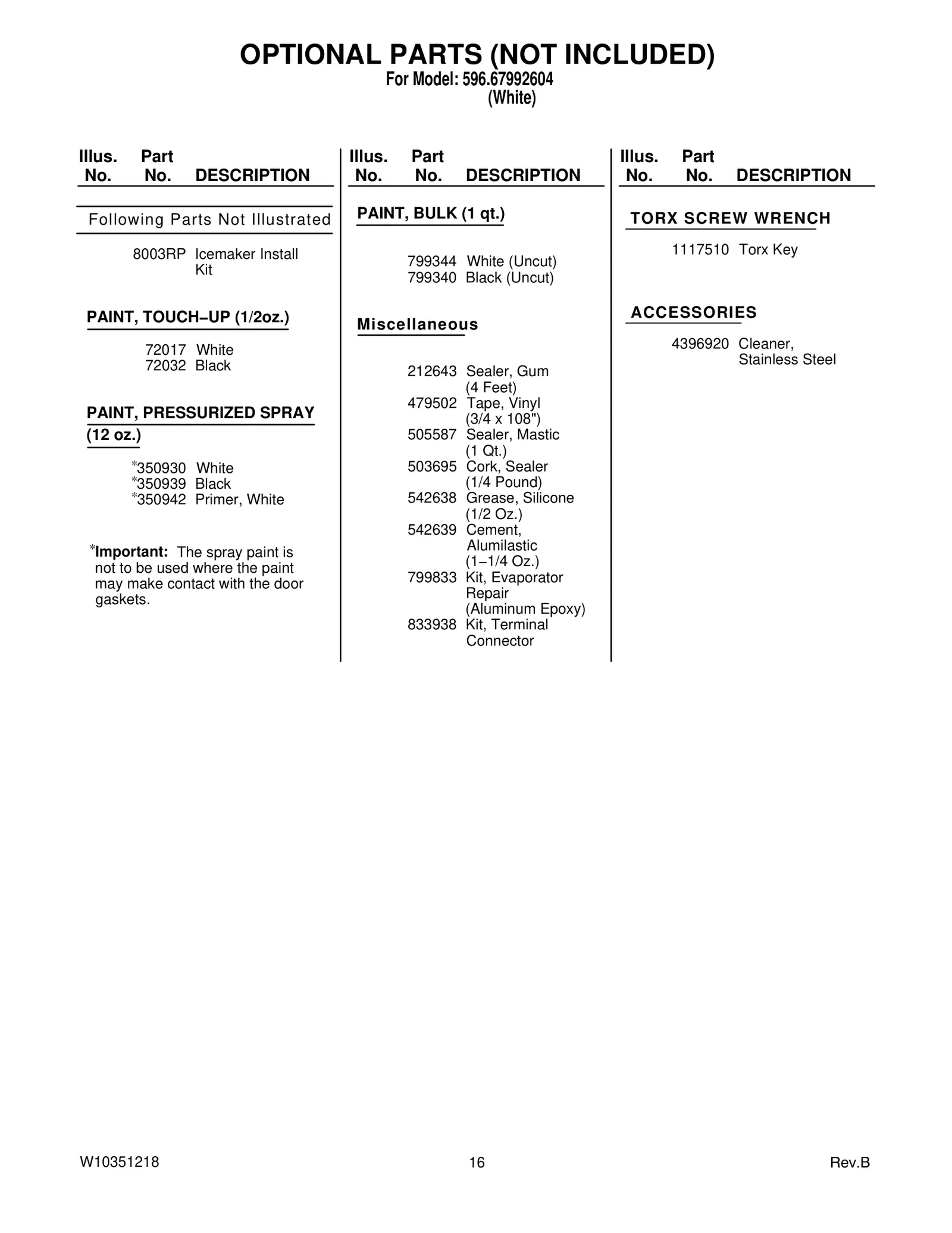 OPTIONAL PARTS (NOT INCLUDED)