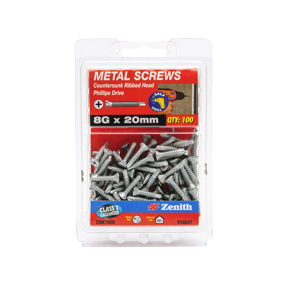 ZENITH® 8G x 20mm Class 3 Galvanised, Self Drilling, Phillips Drive, Countersunk Ribbed Head, Metal Screws – External Use – 100 Pack