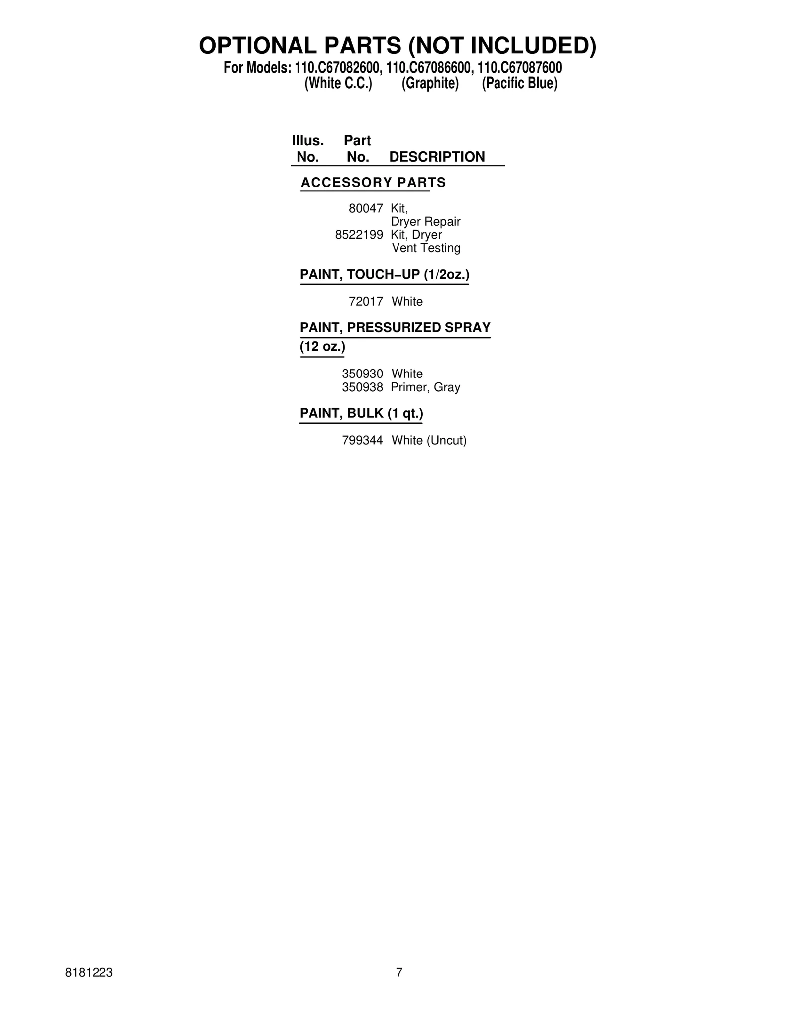 OPTIONAL PARTS (NOT INCLUDED)