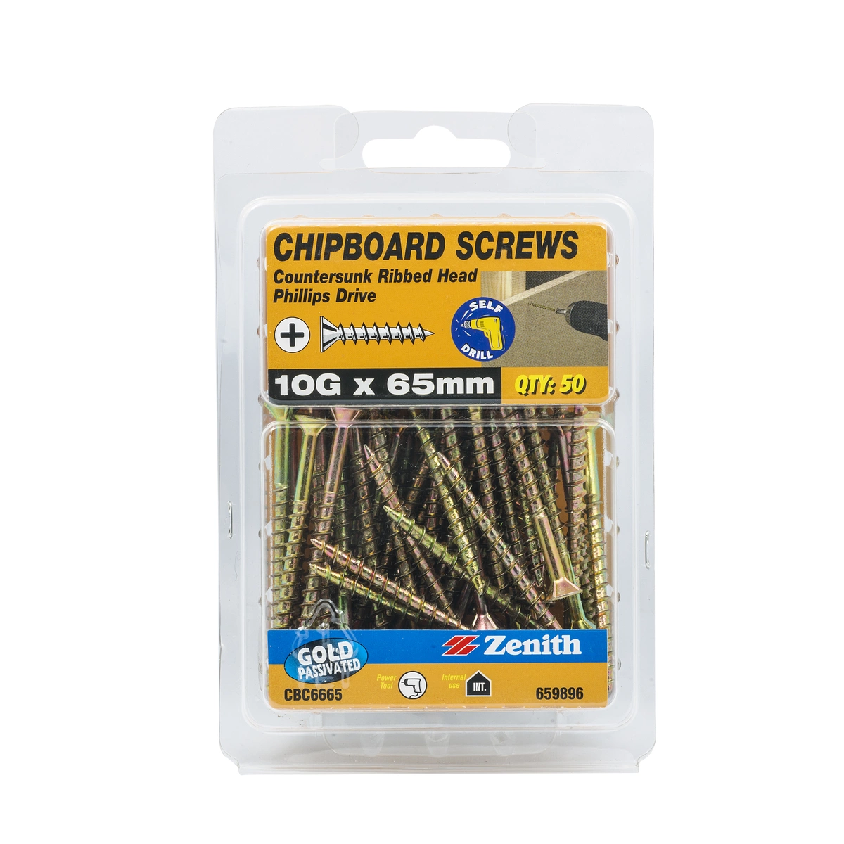 ZENITH® 10G x 65mm Gold Passivated, Phillips Drive, Chipboard Screws – Internal Use – 50 Pack