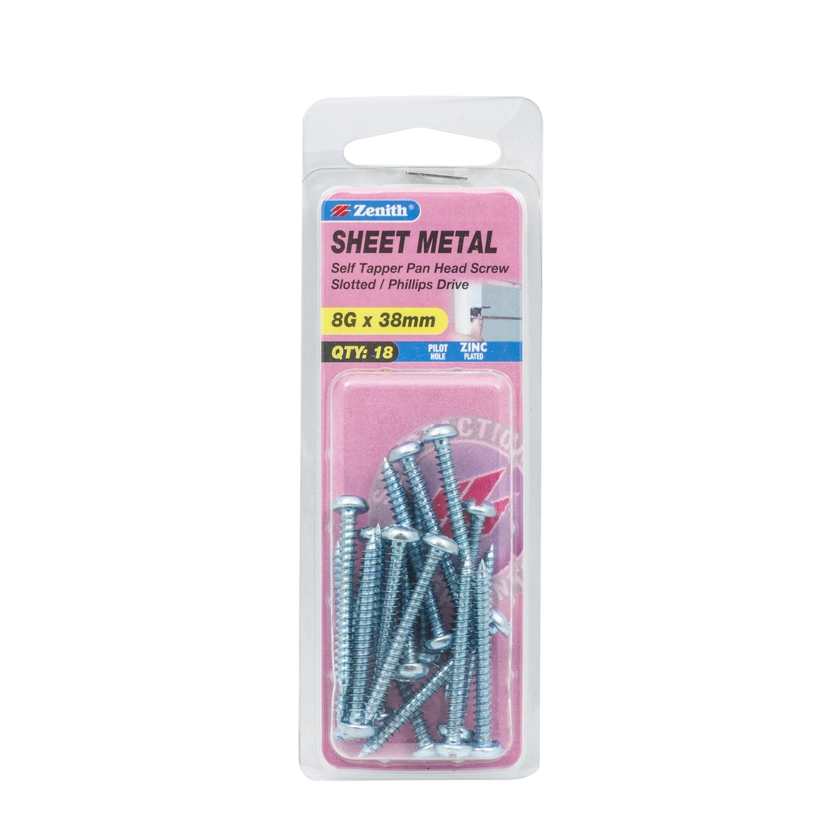 ZENITH® 8G x 38mm Zinc Plated, Self Tapping, Combination Drive, Sheet Metal Screws – Internal Use – 18 Pack