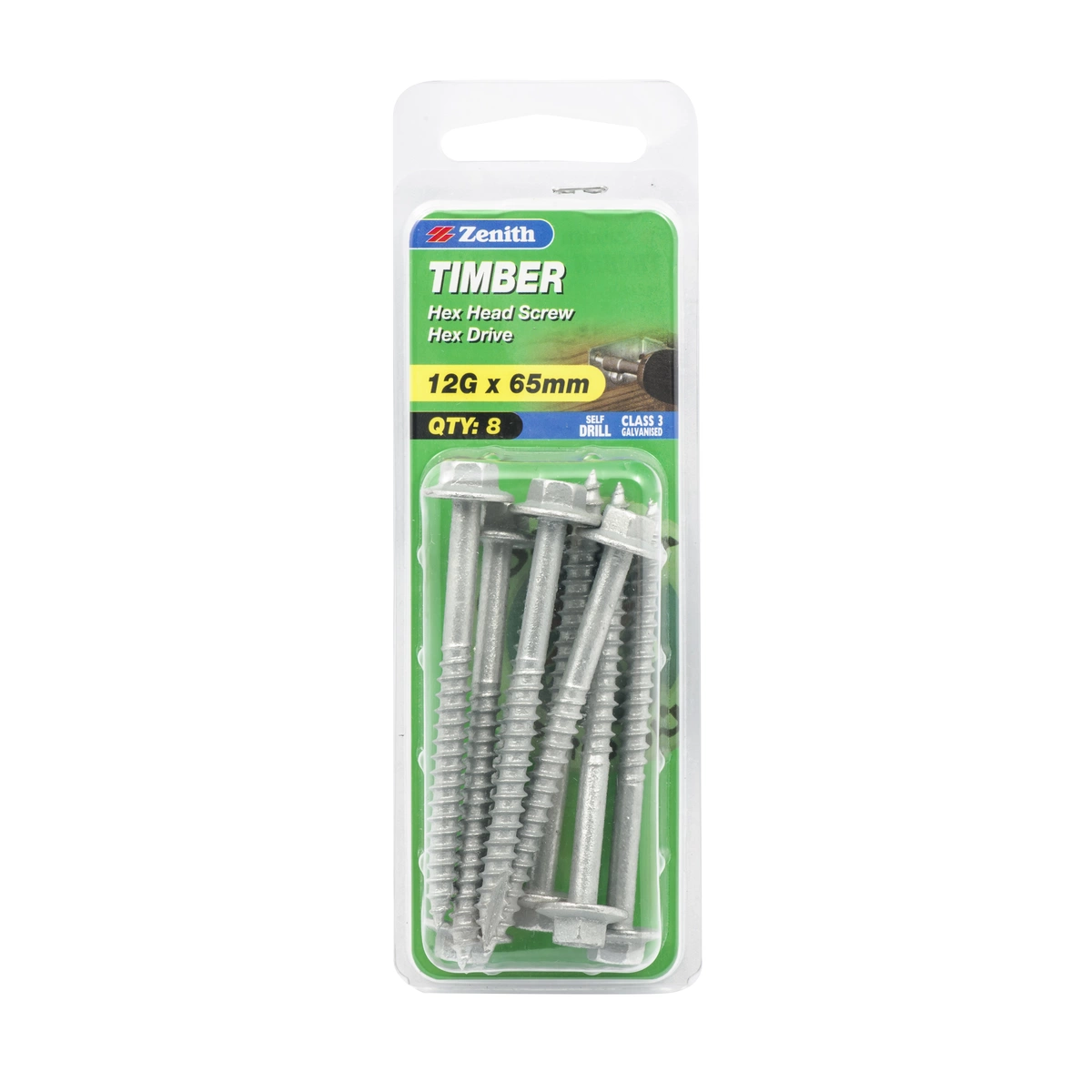 ZENITH® 12G x 65mm Class 3 Galvanised, External Hex Drive, Timber Screws – External Use – 8 Pack